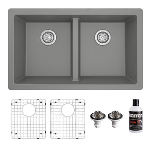 Alternate Image for Karran 32" Undermount Quartz Composite Kitchen Sink with Accessories, 50/50 Double Bowl, Grey, QU-810-GR-PK1