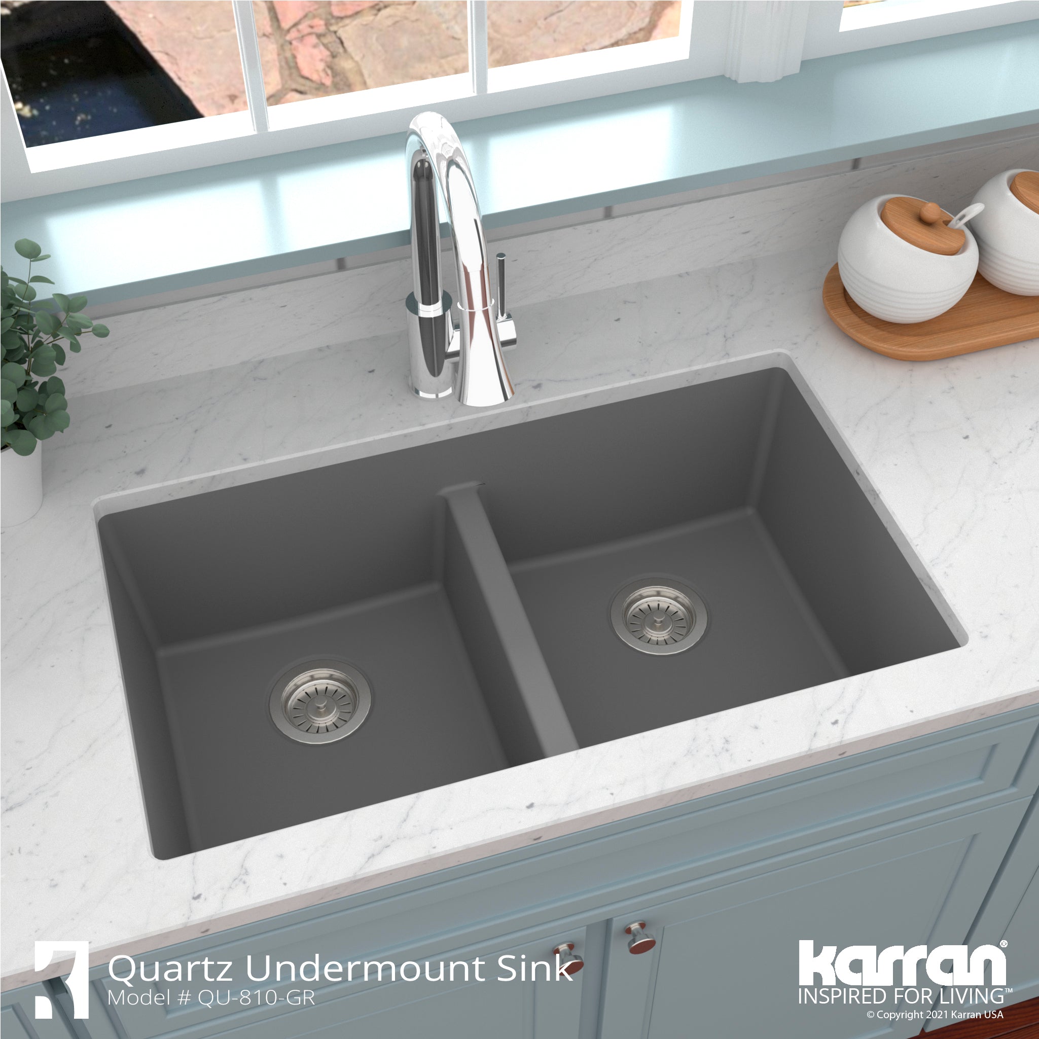 Karran 32" Undermount Quartz Composite Kitchen Sink with Accessories, 50/50 Double Bowl, Grey, QU-810-GR-PK1