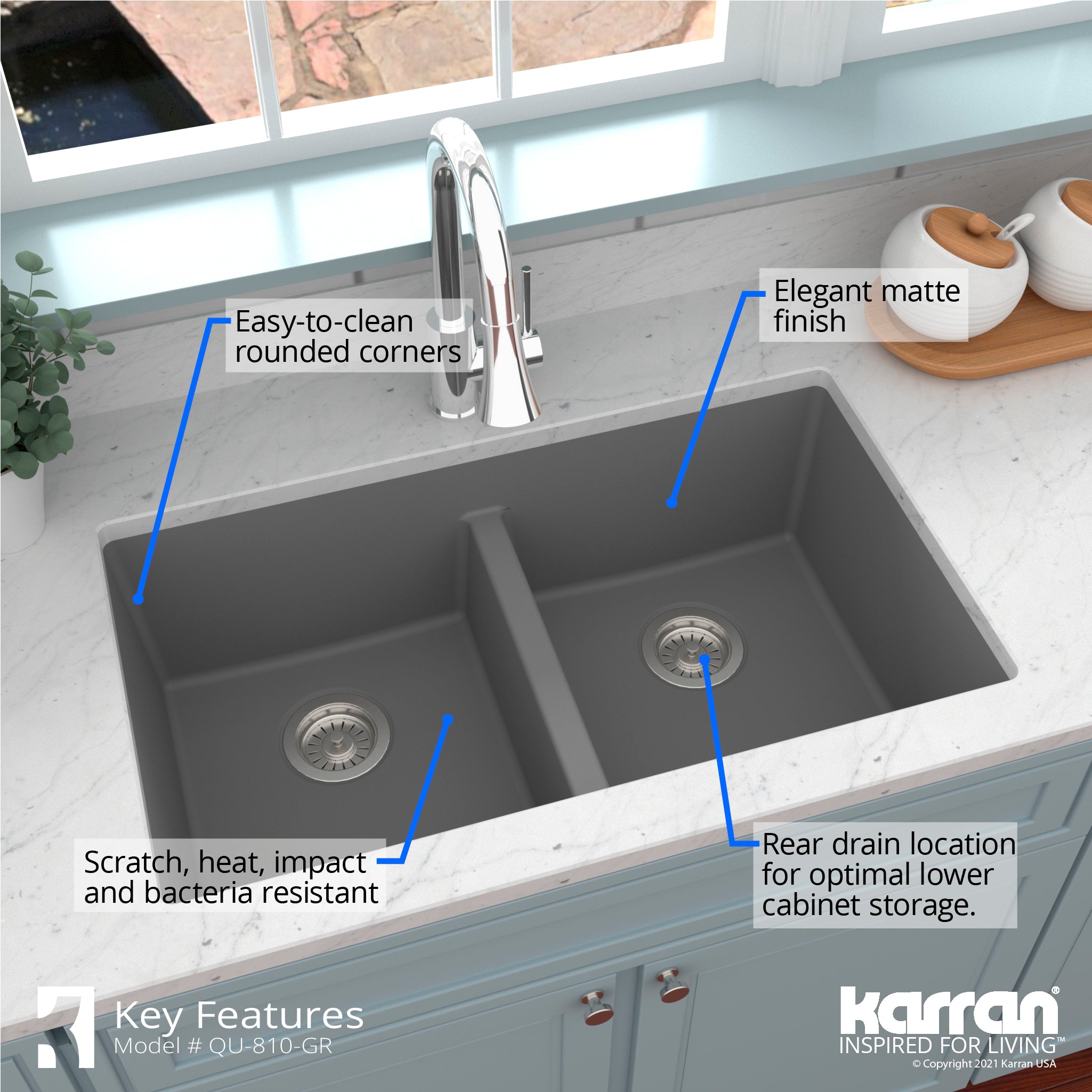 Karran 32" Undermount Quartz Composite Kitchen Sink with Accessories, 50/50 Double Bowl, Grey, QU-810-GR-PK1