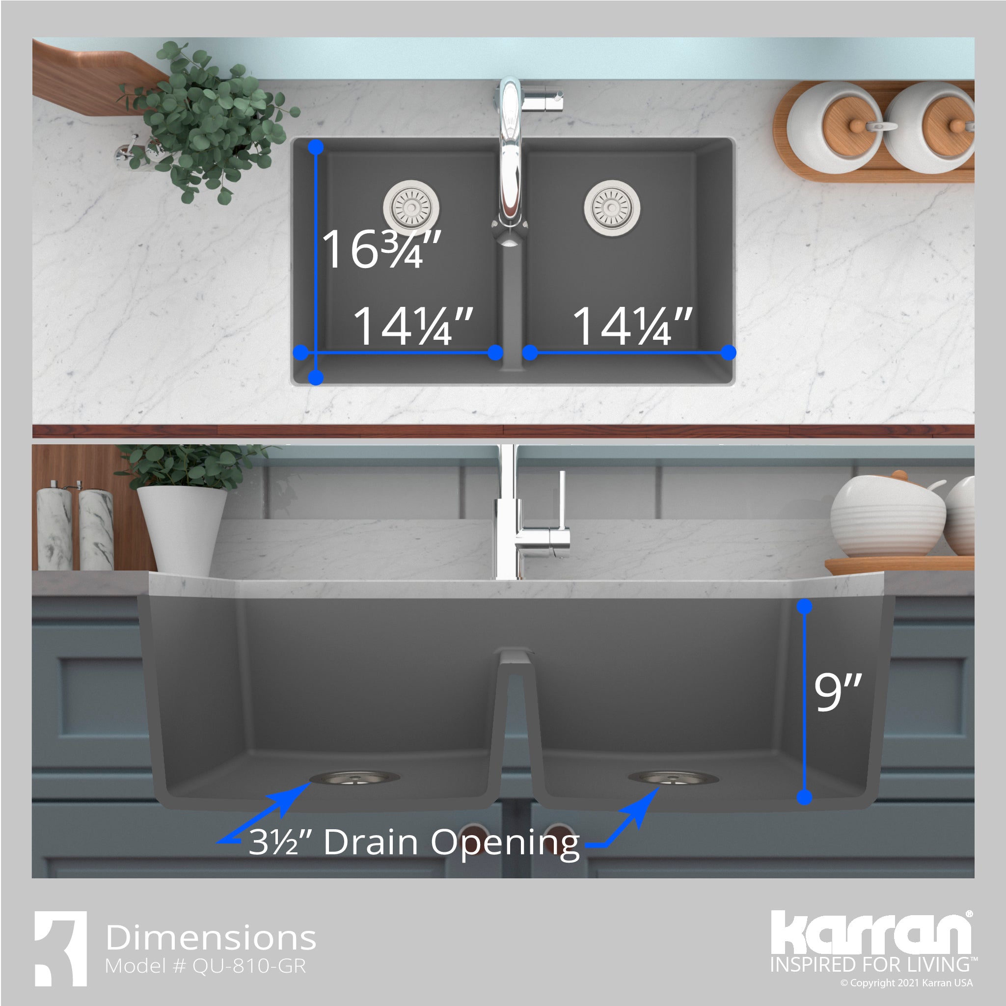 Karran 32" Undermount Quartz Composite Kitchen Sink with Accessories, 50/50 Double Bowl, Grey, QU-810-GR-PK1