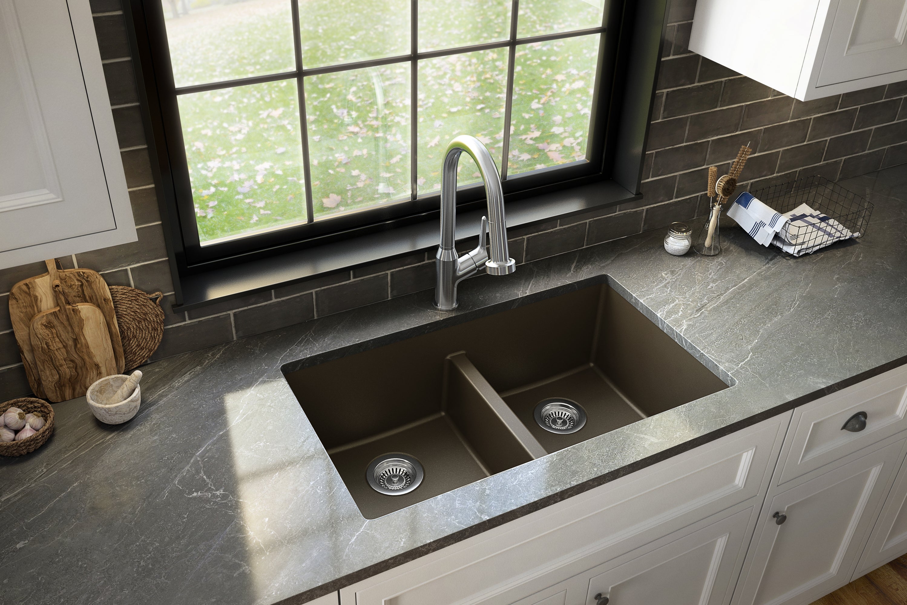Karran 32" Undermount Quartz Composite Kitchen Sink with Accessories, 50/50 Double Bowl, Brown, QU-810-BR-PK1