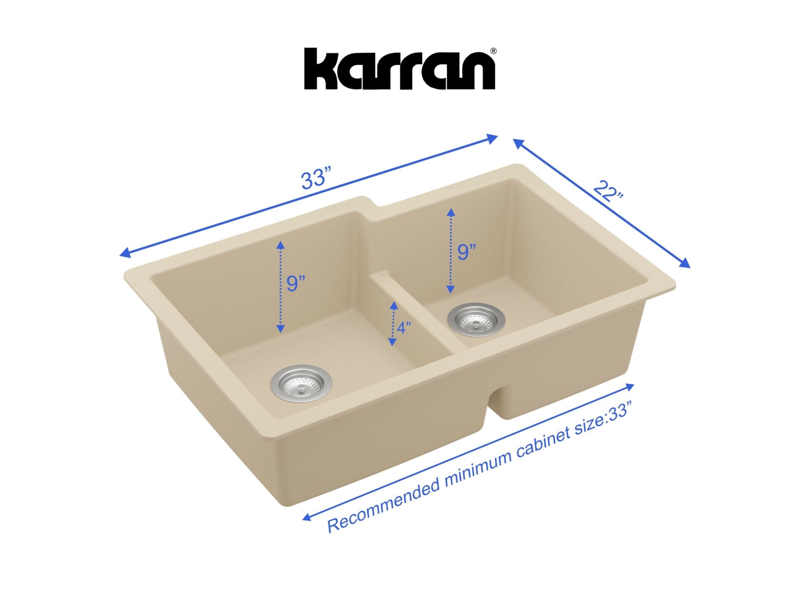 Karran 32" Undermount Quartz Composite Kitchen Sink, 60/40 Double Bowl, Bisque, QU-811-BI