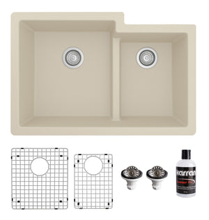 Alternate Image for Karran 32" Undermount Quartz Composite Kitchen Sink with Accessories, 60/40 Double Bowl, Bisque, QU-811-BI-PK1