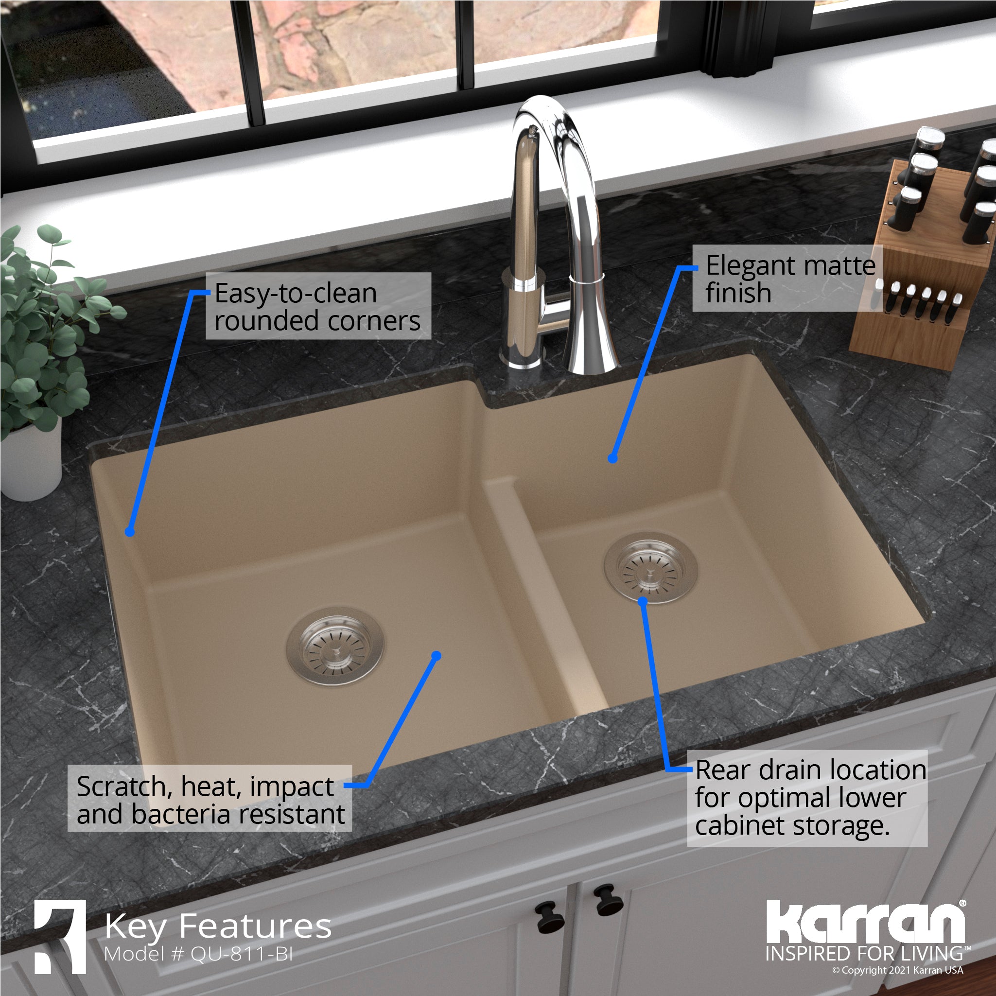 Karran 32" Undermount Quartz Composite Kitchen Sink with Accessories, 60/40 Double Bowl, Bisque, QU-811-BI-PK1