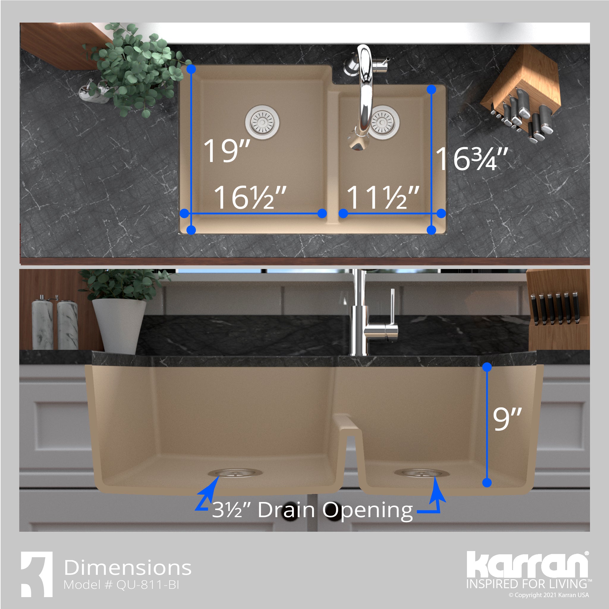 Karran 32" Undermount Quartz Composite Kitchen Sink with Accessories, 60/40 Double Bowl, Bisque, QU-811-BI-PK1