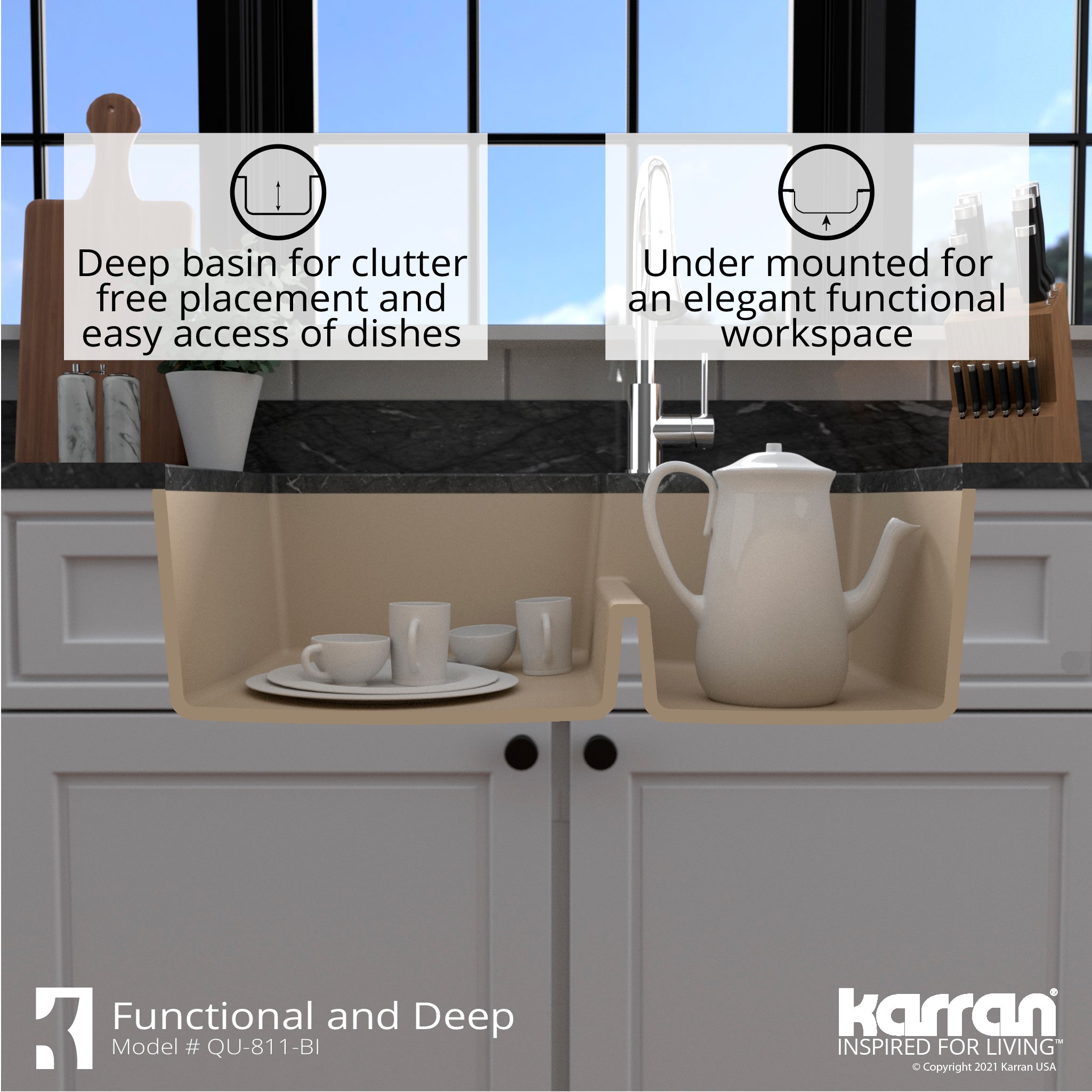 Karran 32" Undermount Quartz Composite Kitchen Sink with Accessories, 60/40 Double Bowl, Bisque, QU-811-BI-PK1