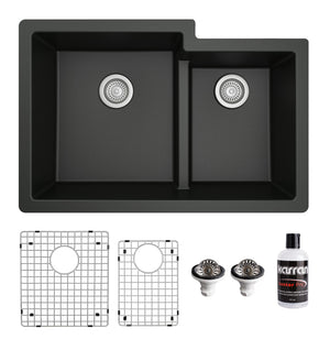 Alternate Image for Karran 32" Undermount Quartz Composite Kitchen Sink with Accessories, 60/40 Double Bowl, Black, QU-811-BL-PK1