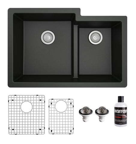Karran 32" Undermount Quartz Composite Kitchen Sink with Accessories, 60/40 Double Bowl, Black, QU-811-BL-PK1
