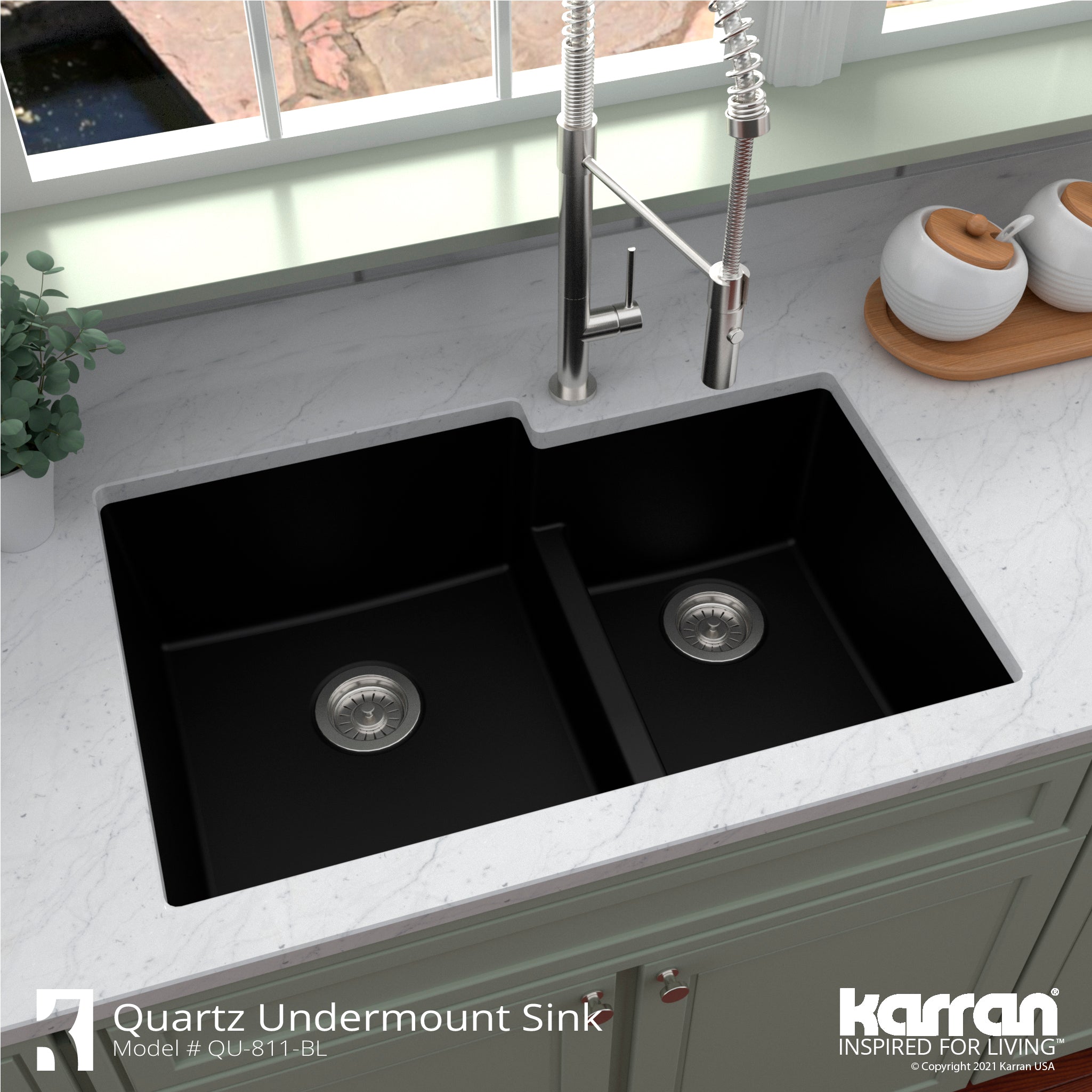 Karran 32" Undermount Quartz Composite Kitchen Sink with Accessories, 60/40 Double Bowl, Black, QU-811-BL-PK1
