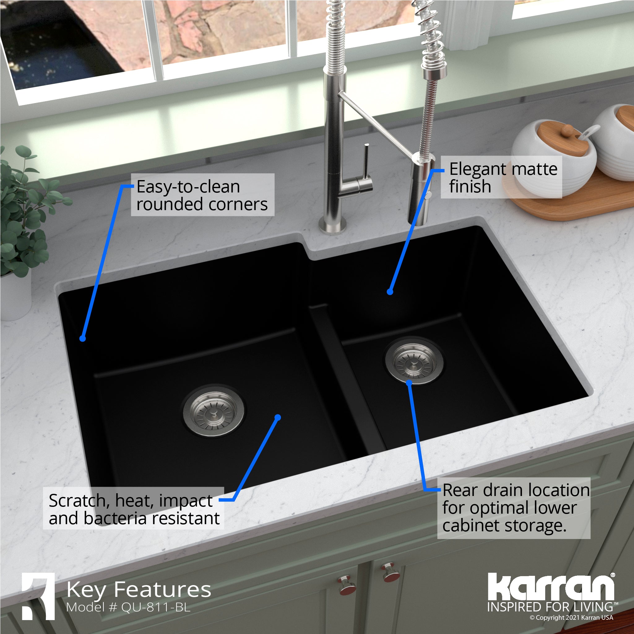 Karran 32" Undermount Quartz Composite Kitchen Sink with Accessories, 60/40 Double Bowl, Black, QU-811-BL-PK1