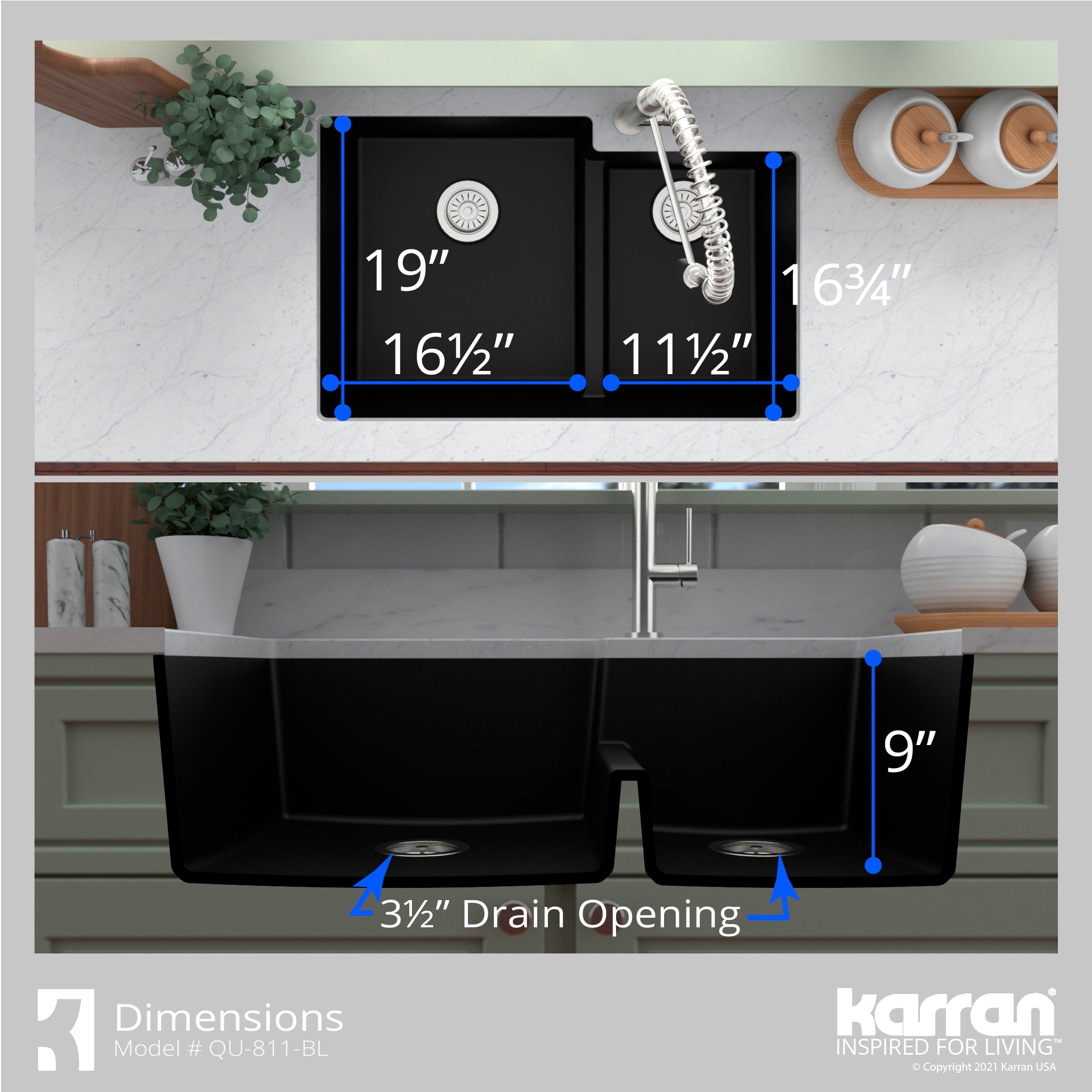 Karran 32" Undermount Quartz Composite Kitchen Sink with Accessories, 60/40 Double Bowl, Black, QU-811-BL-PK1