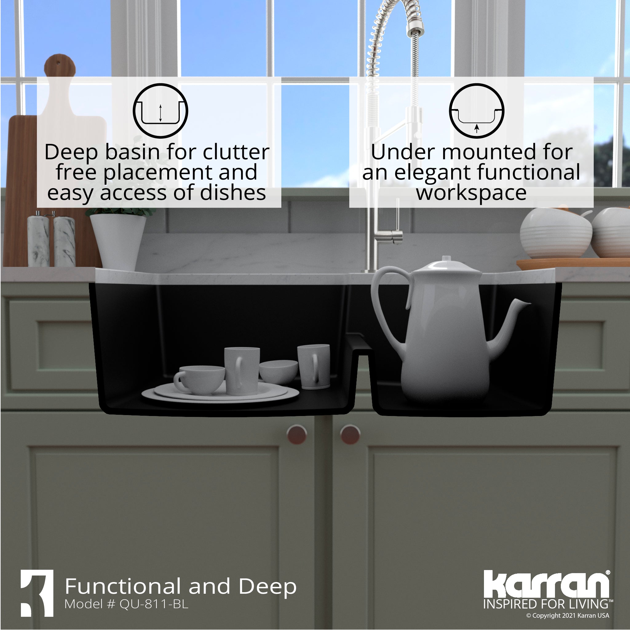 Karran 32" Undermount Quartz Composite Kitchen Sink with Accessories, 60/40 Double Bowl, Black, QU-811-BL-PK1