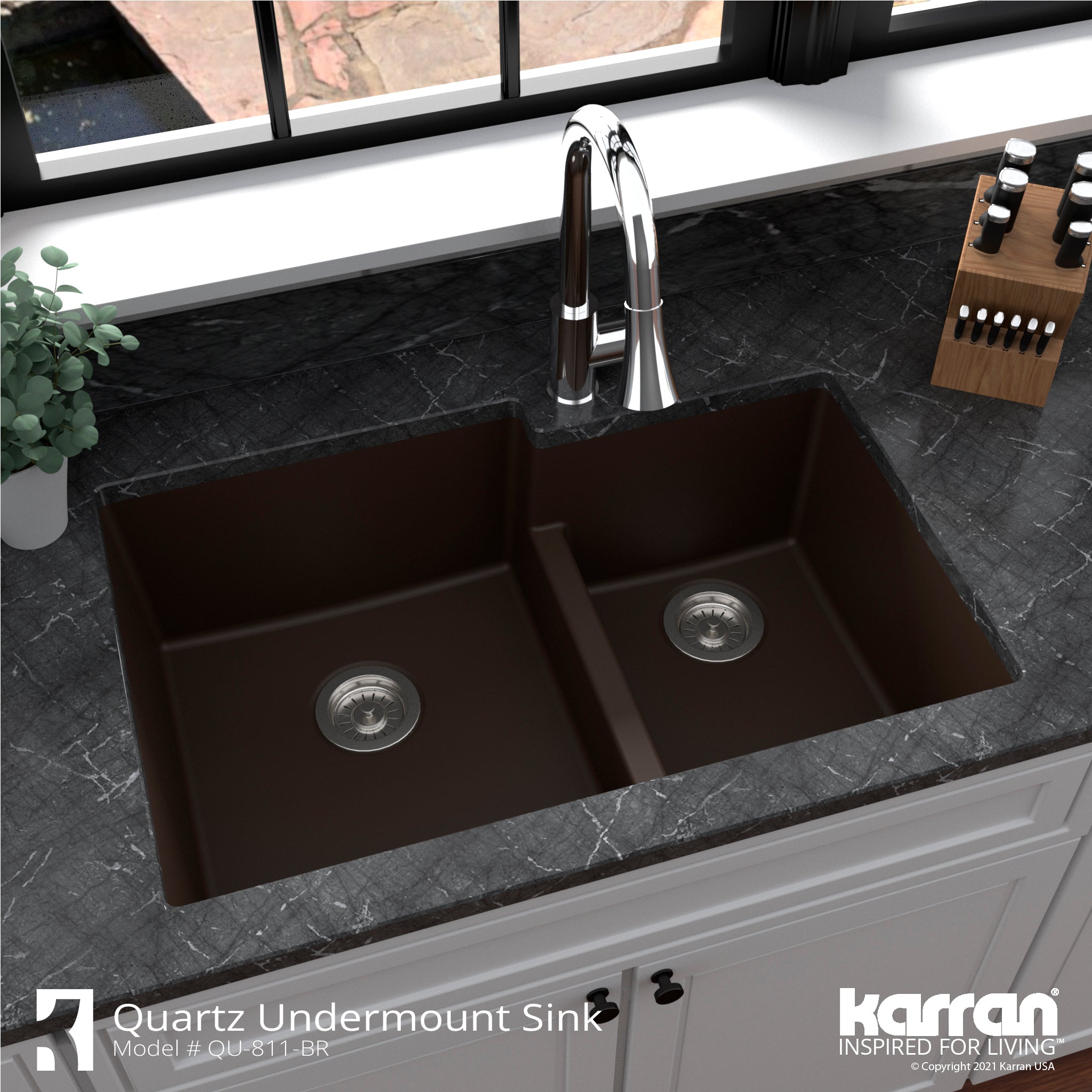 Karran 32" Undermount Quartz Composite Kitchen Sink with Accessories, 60/40 Double Bowl, Brown, QU-811-BR-PK1