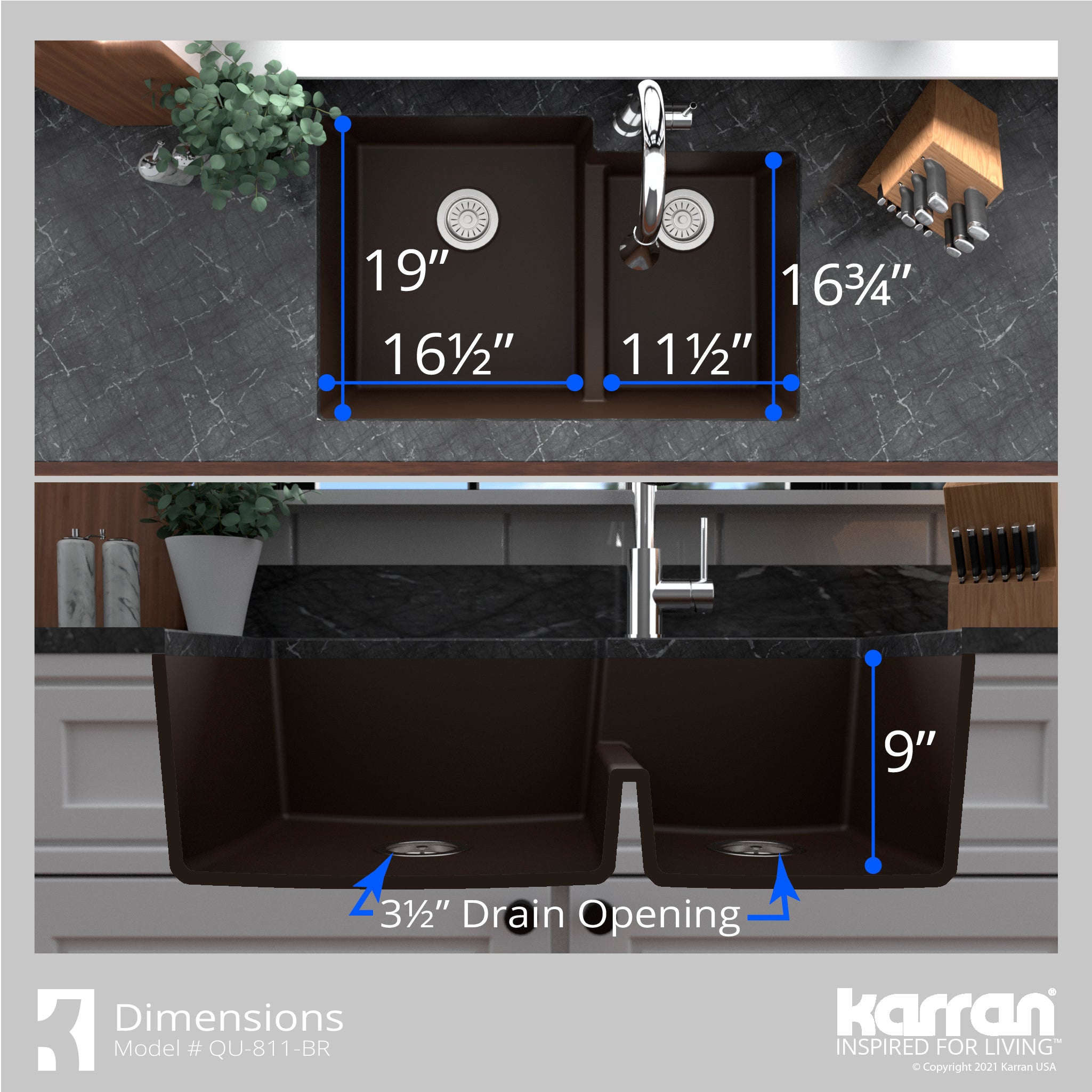 Karran 32" Undermount Quartz Composite Kitchen Sink with Accessories, 60/40 Double Bowl, Brown, QU-811-BR-PK1