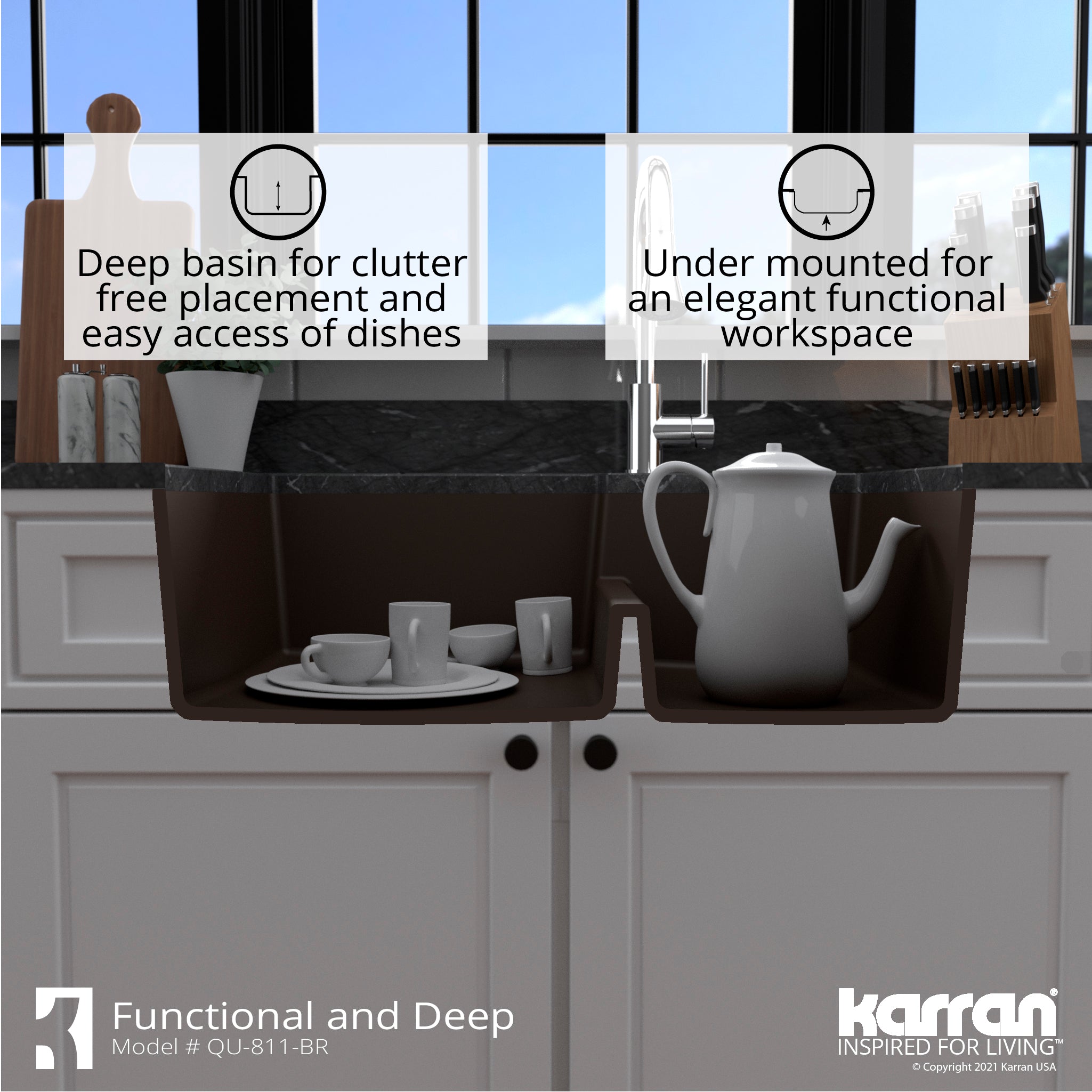 Karran 32" Undermount Quartz Composite Kitchen Sink with Accessories, 60/40 Double Bowl, Brown, QU-811-BR-PK1