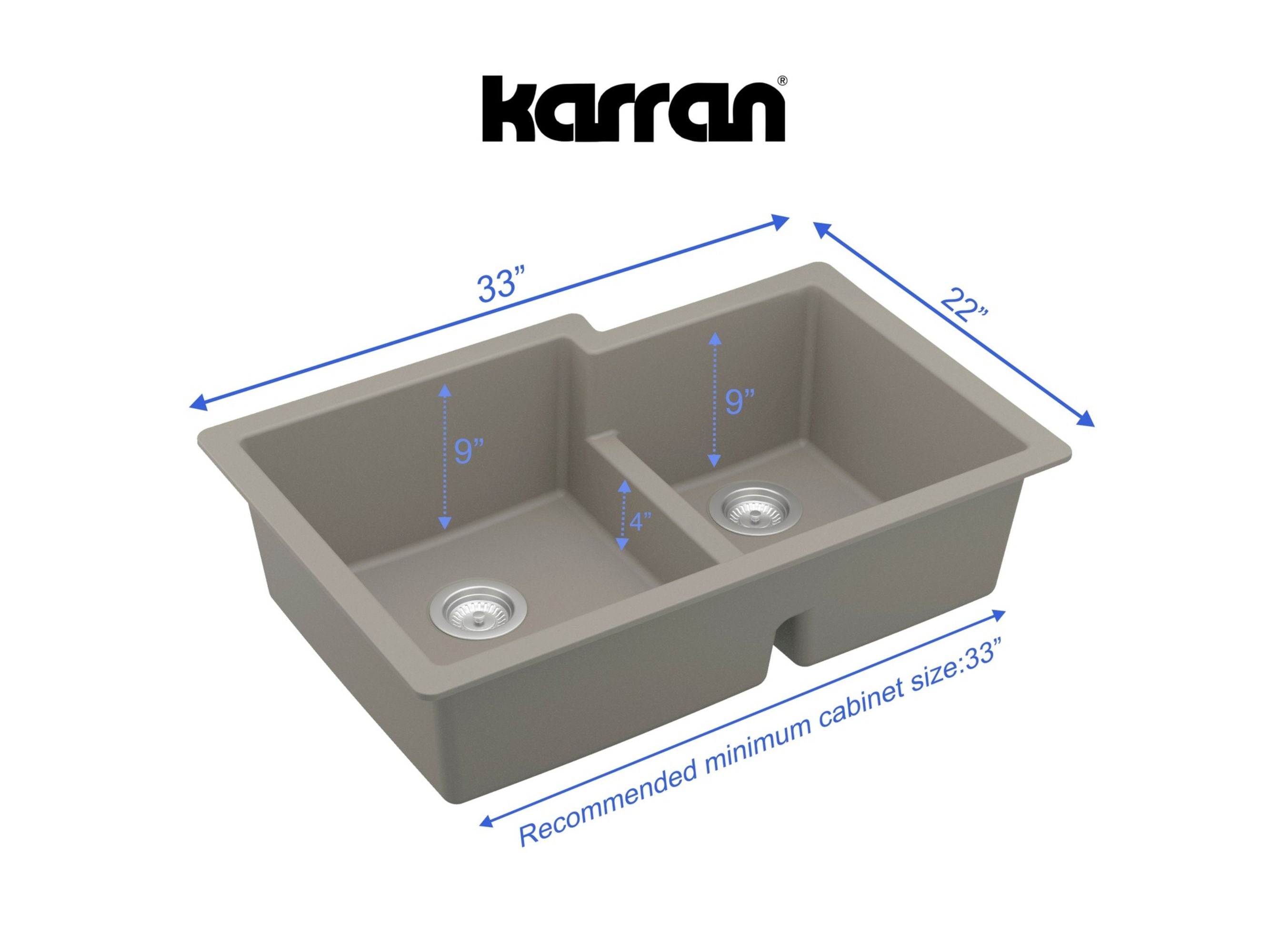Karran 32" Undermount Quartz Composite Kitchen Sink, 60/40 Double Bowl, Concrete, QU-811-CN