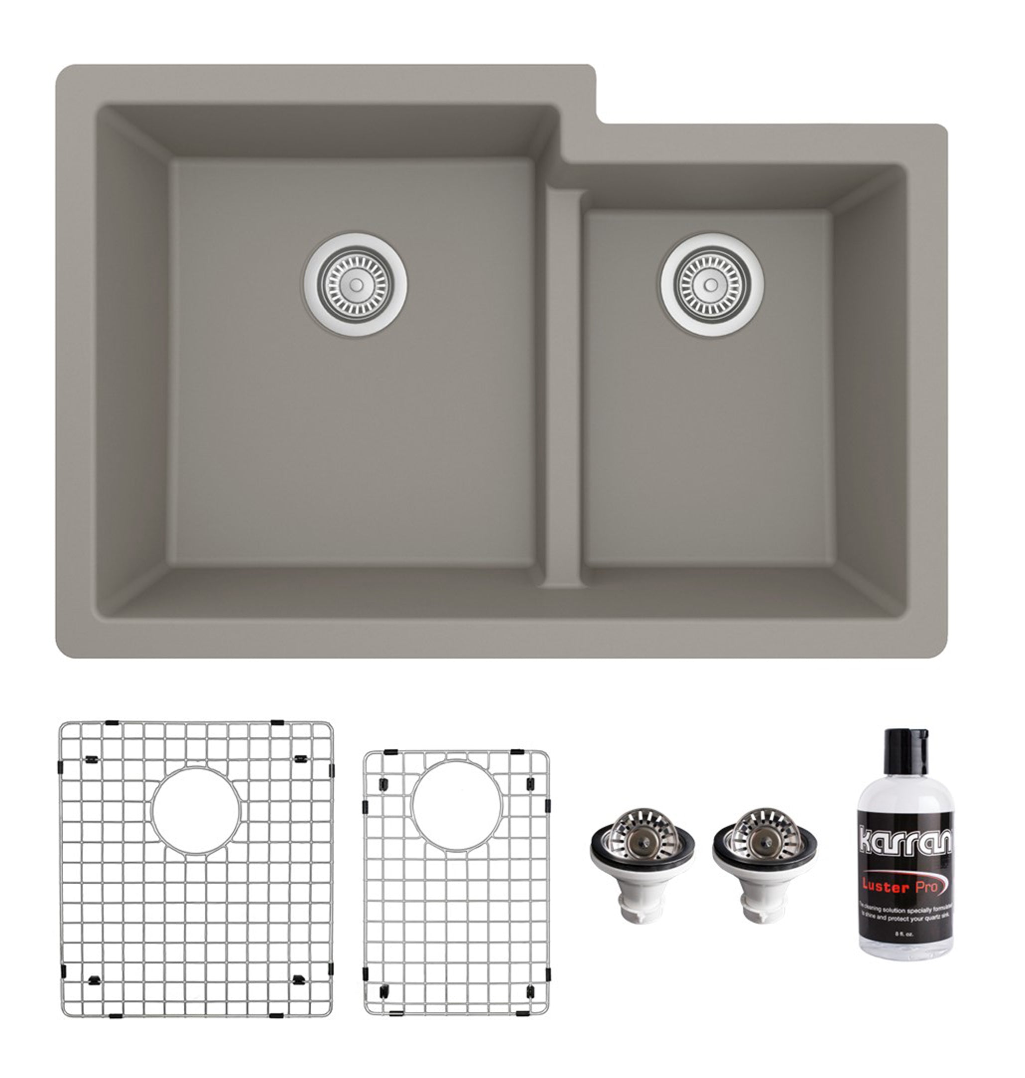 Karran 32" Undermount Quartz Composite Kitchen Sink with Accessories, 60/40 Double Bowl, Concrete, QU-811-CN-PK1