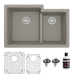 Alternate Image for Karran 32" Undermount Quartz Composite Kitchen Sink with Accessories, 60/40 Double Bowl, Concrete, QU-811-CN-PK1
