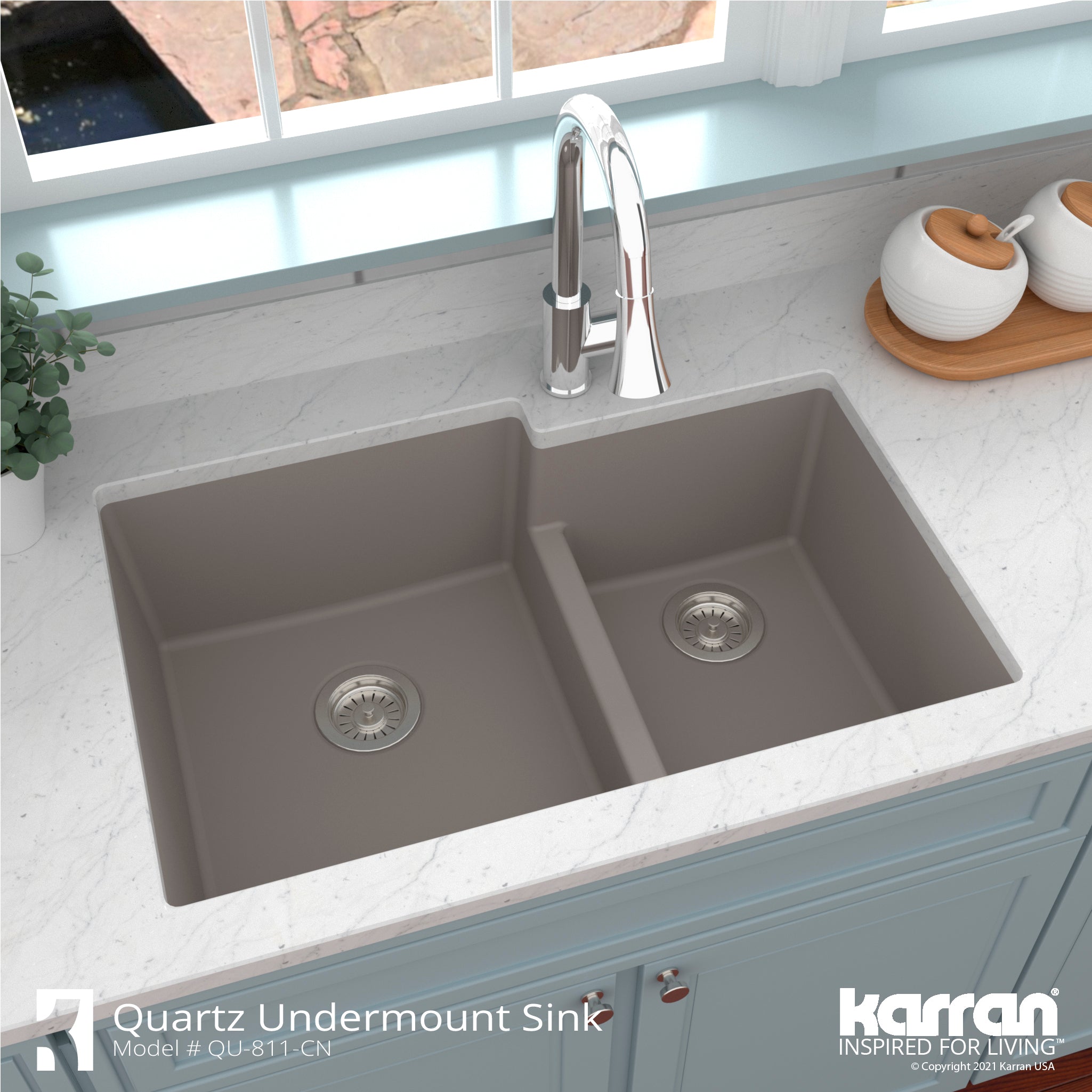 Karran 32" Undermount Quartz Composite Kitchen Sink with Accessories, 60/40 Double Bowl, Concrete, QU-811-CN-PK1
