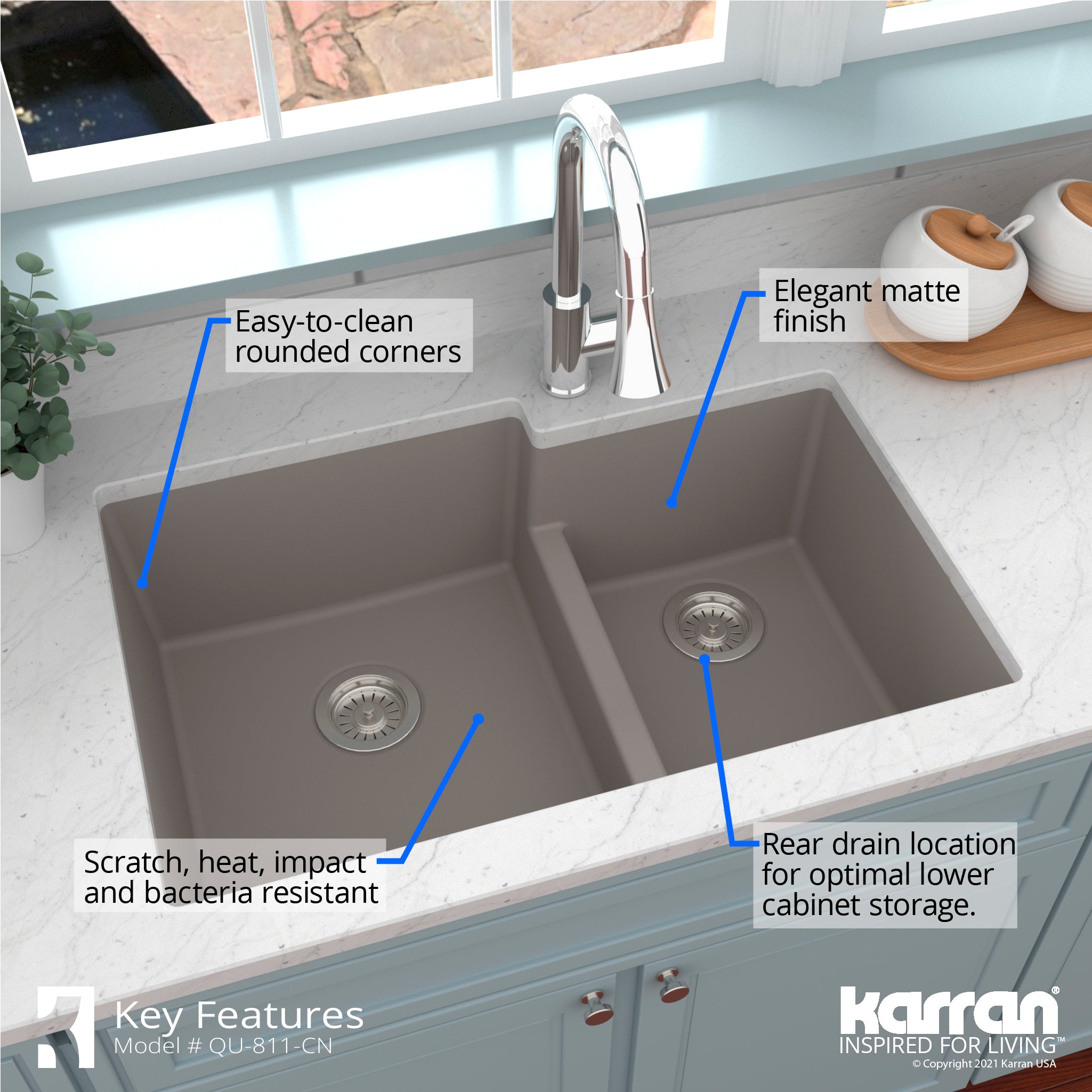 Karran 32" Undermount Quartz Composite Kitchen Sink with Accessories, 60/40 Double Bowl, Concrete, QU-811-CN-PK1