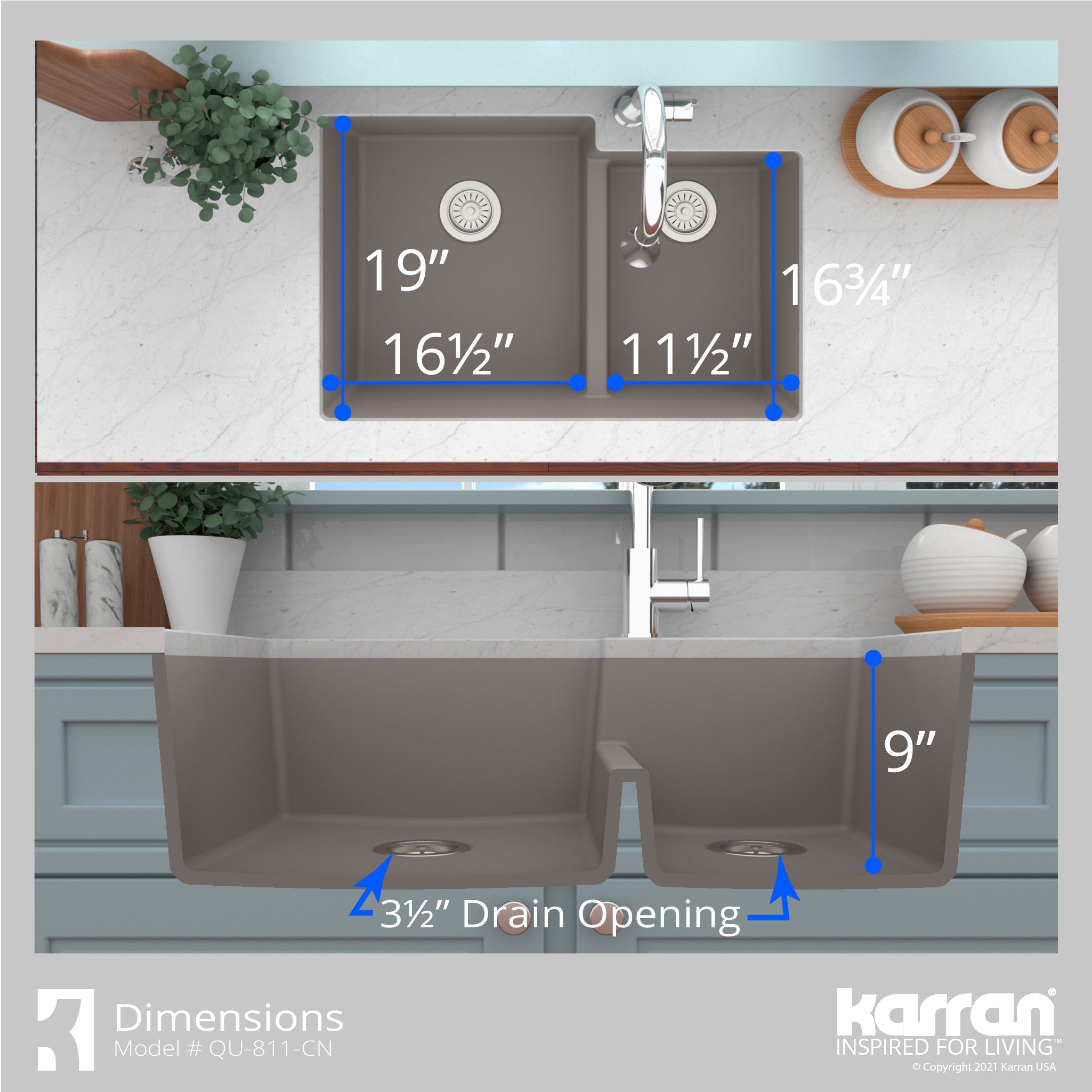 Karran 32" Undermount Quartz Composite Kitchen Sink with Accessories, 60/40 Double Bowl, Concrete, QU-811-CN-PK1