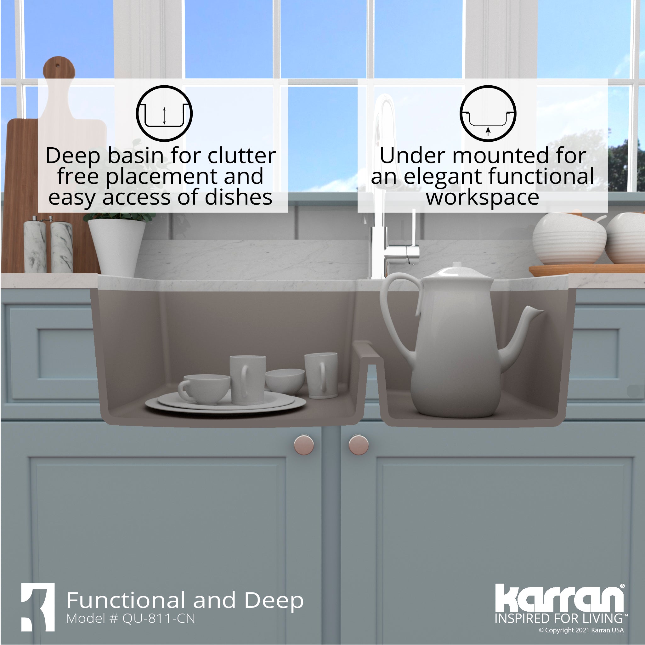 Karran 32" Undermount Quartz Composite Kitchen Sink with Accessories, 60/40 Double Bowl, Concrete, QU-811-CN-PK1