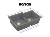 Karran 32" Undermount Quartz Composite Kitchen Sink, 60/40 Double Bowl, Grey, QU-811-GR