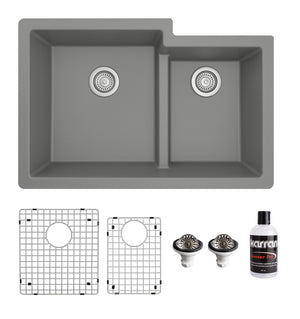Alternate Image for Karran 32" Undermount Quartz Composite Kitchen Sink with Accessories, 60/40 Double Bowl, Grey, QU-811-GR-PK1