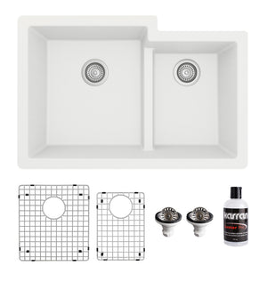 Alternate Image for Karran 32" Undermount Quartz Composite Kitchen Sink with Accessories, 60/40 Double Bowl, White, QU-811-WH-PK1