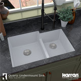 Karran 32" Undermount Quartz Composite Kitchen Sink with Accessories, 60/40 Double Bowl, White, QU-811-WH-PK1