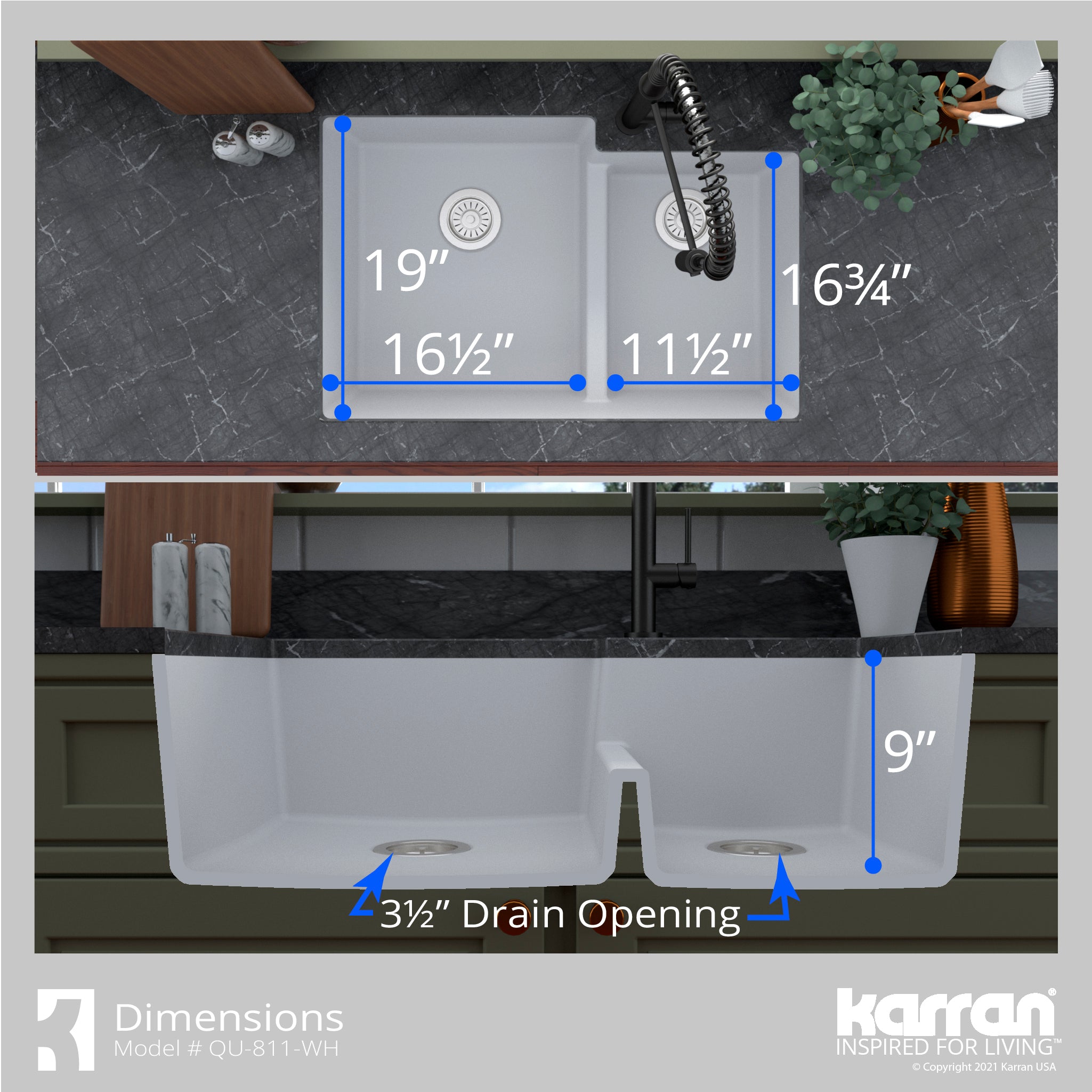 Karran 32" Undermount Quartz Composite Kitchen Sink with Accessories, 60/40 Double Bowl, White, QU-811-WH-PK1