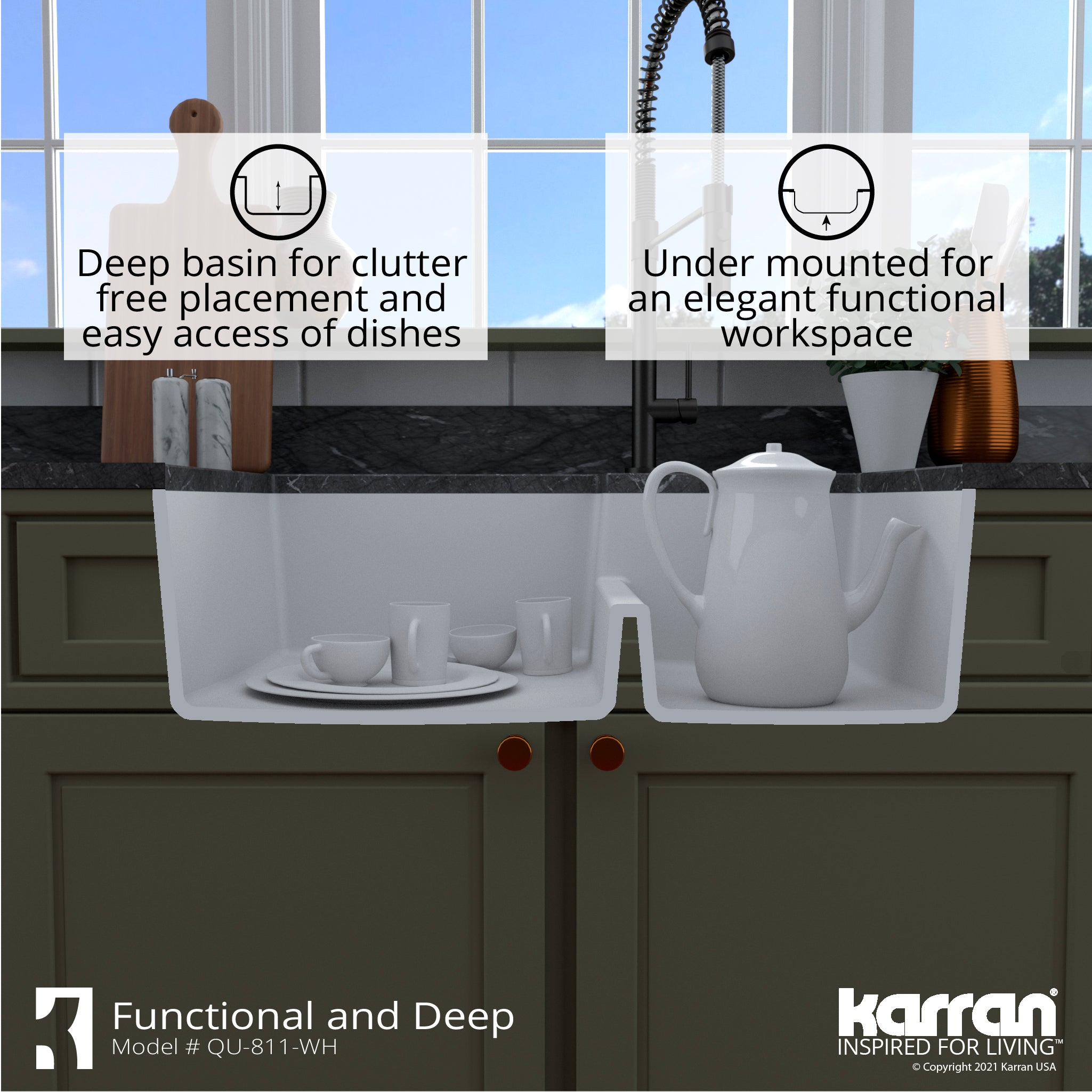 Karran 32" Undermount Quartz Composite Kitchen Sink with Accessories, 60/40 Double Bowl, White, QU-811-WH-PK1