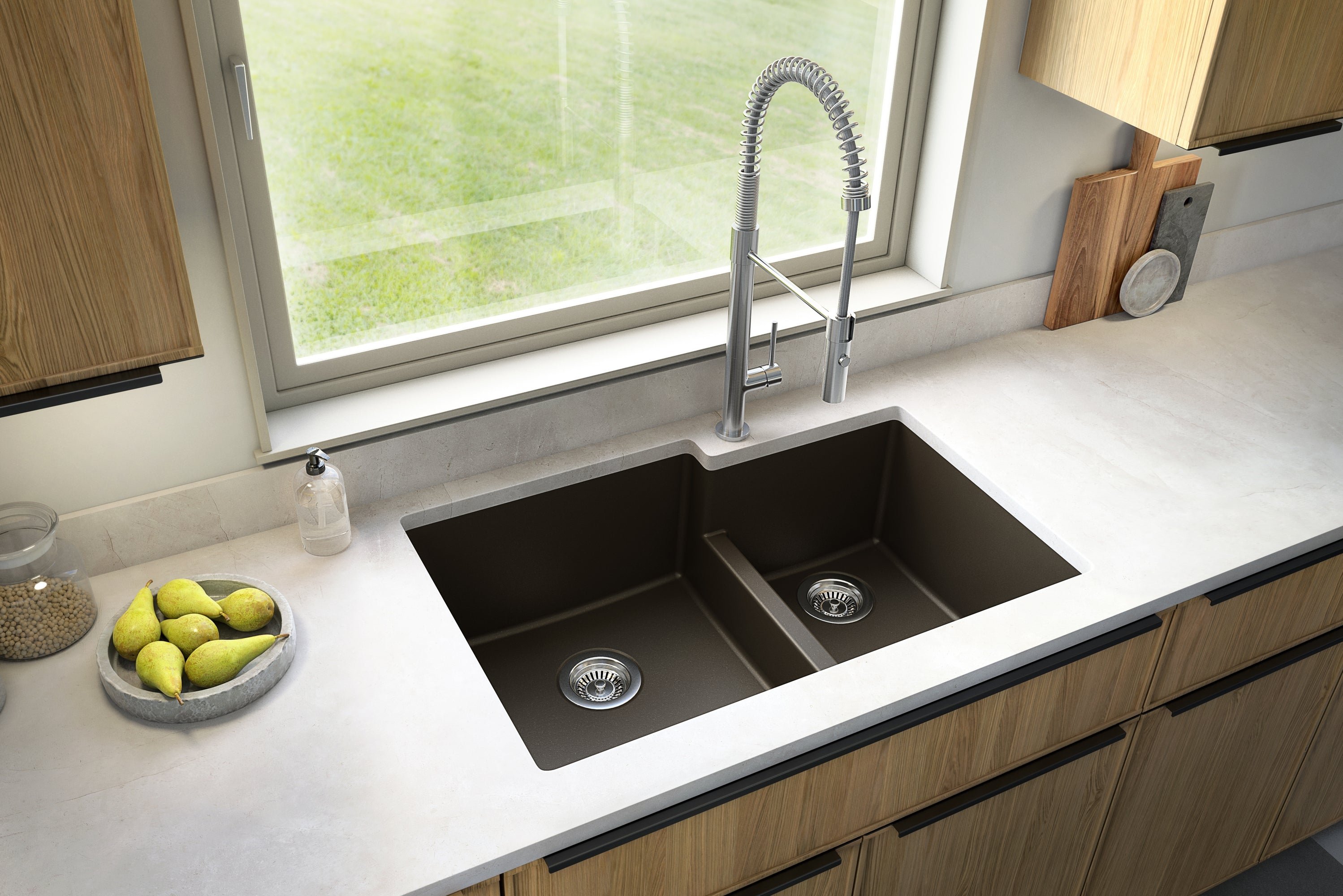 Karran 32" Undermount Quartz Composite Kitchen Sink with Accessories, 60/40 Double Bowl, Brown, QU-811-BR-PK1