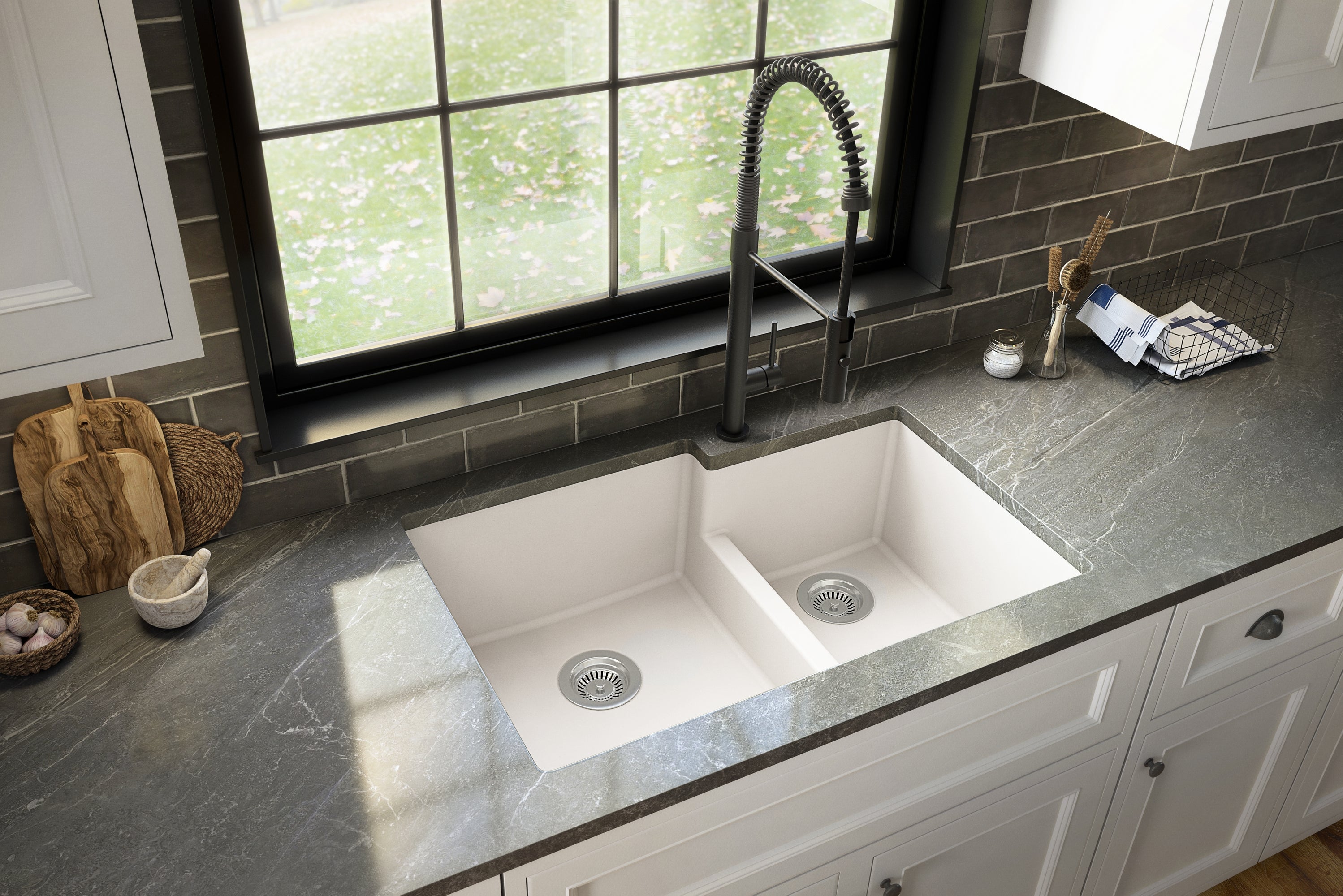 Karran 32" Undermount Quartz Composite Kitchen Sink with Accessories, 60/40 Double Bowl, White, QU-811-WH-PK1