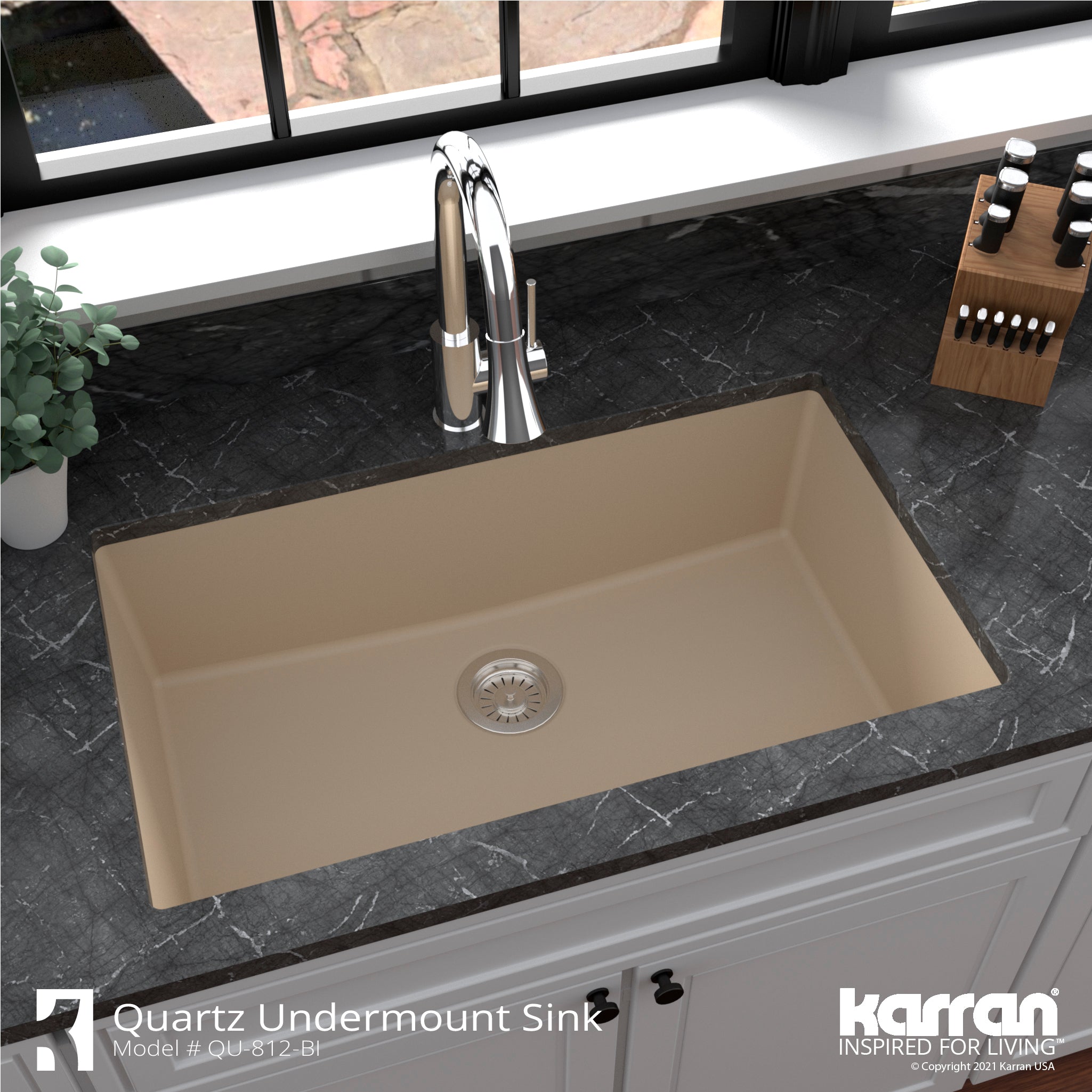 Karran 32" Undermount Quartz Composite Kitchen Sink with Accessories, Bisque, QU-812-BI-PK1