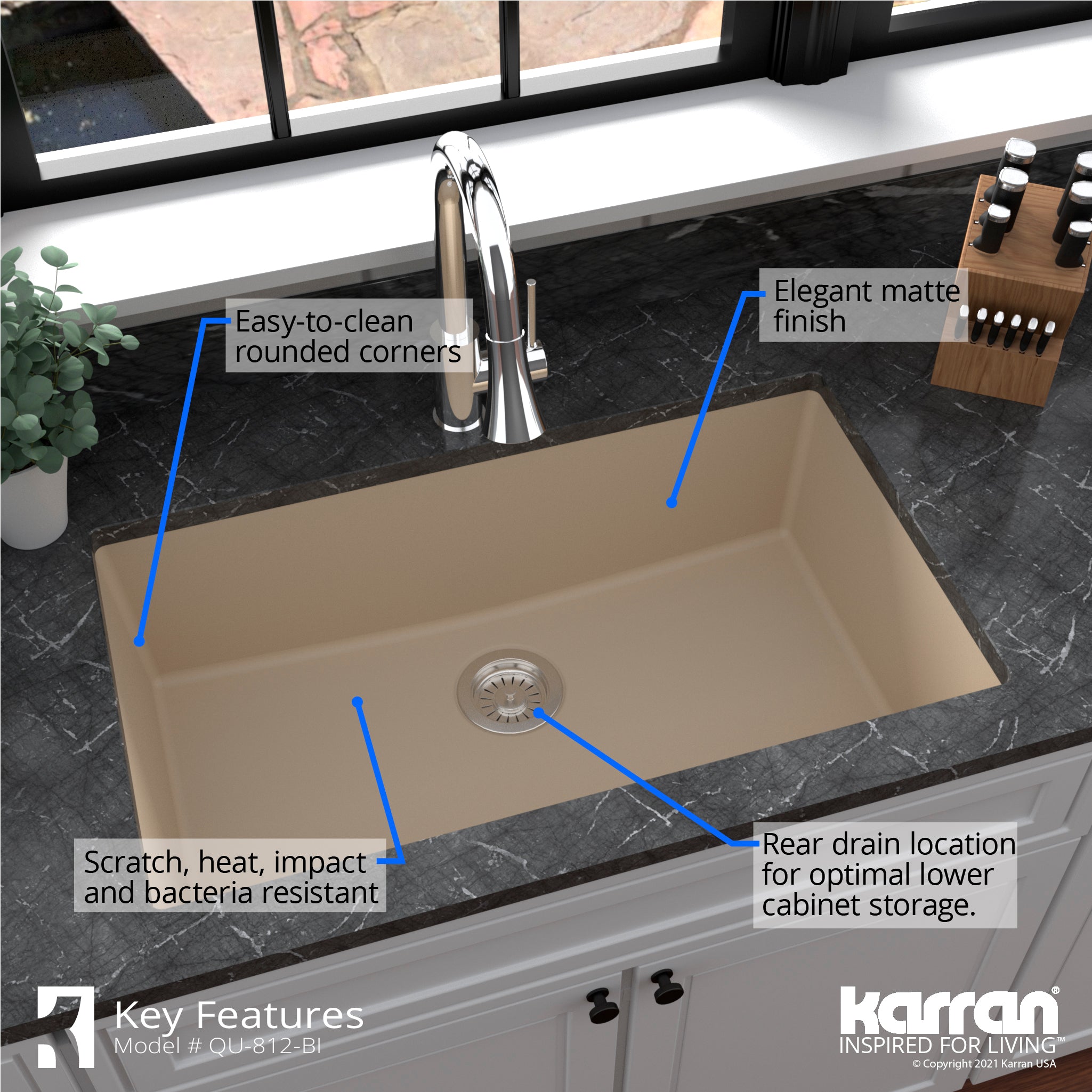 Karran 32" Undermount Quartz Composite Kitchen Sink with Accessories, Bisque, QU-812-BI-PK1
