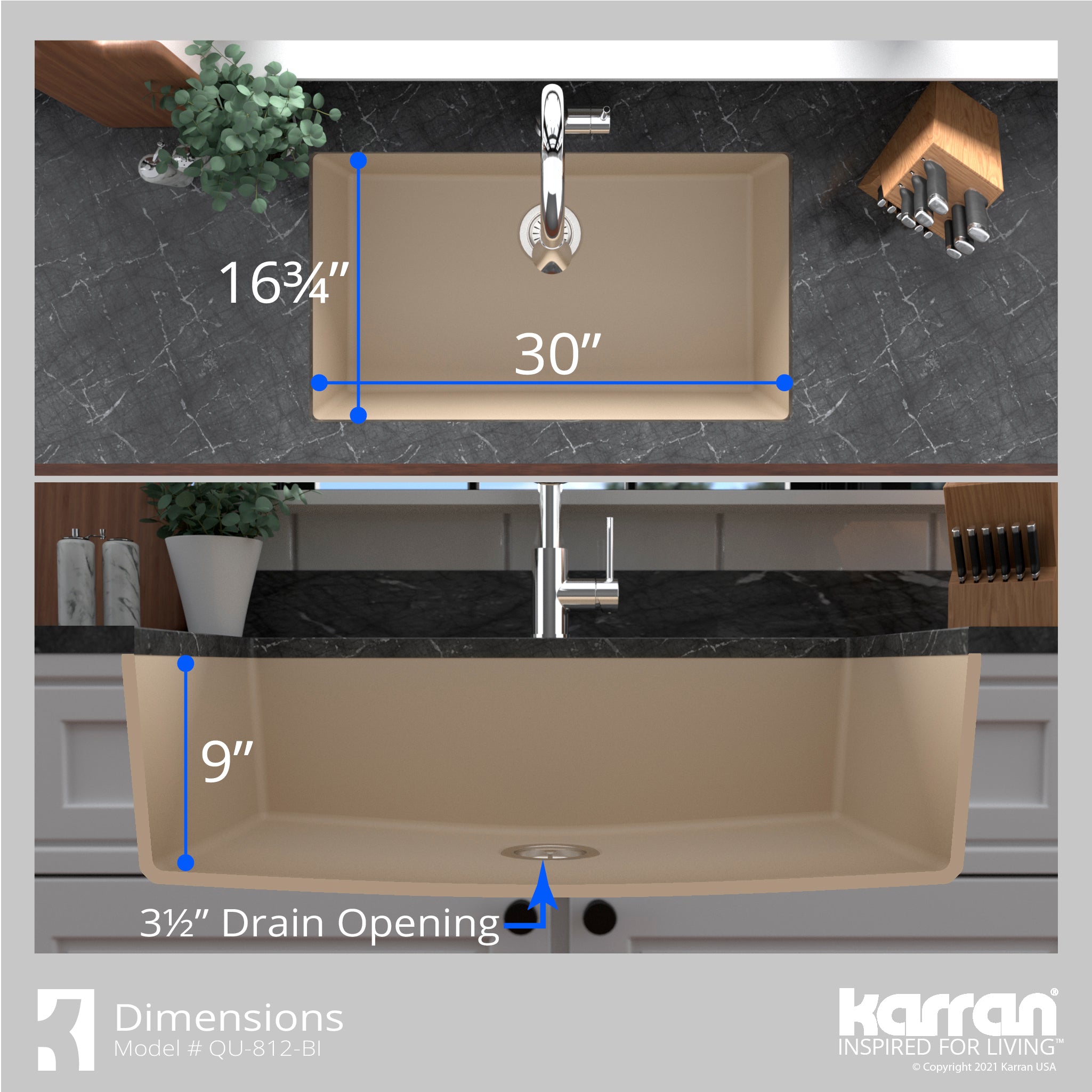 Karran 32" Undermount Quartz Composite Kitchen Sink with Accessories, Bisque, QU-812-BI-PK1