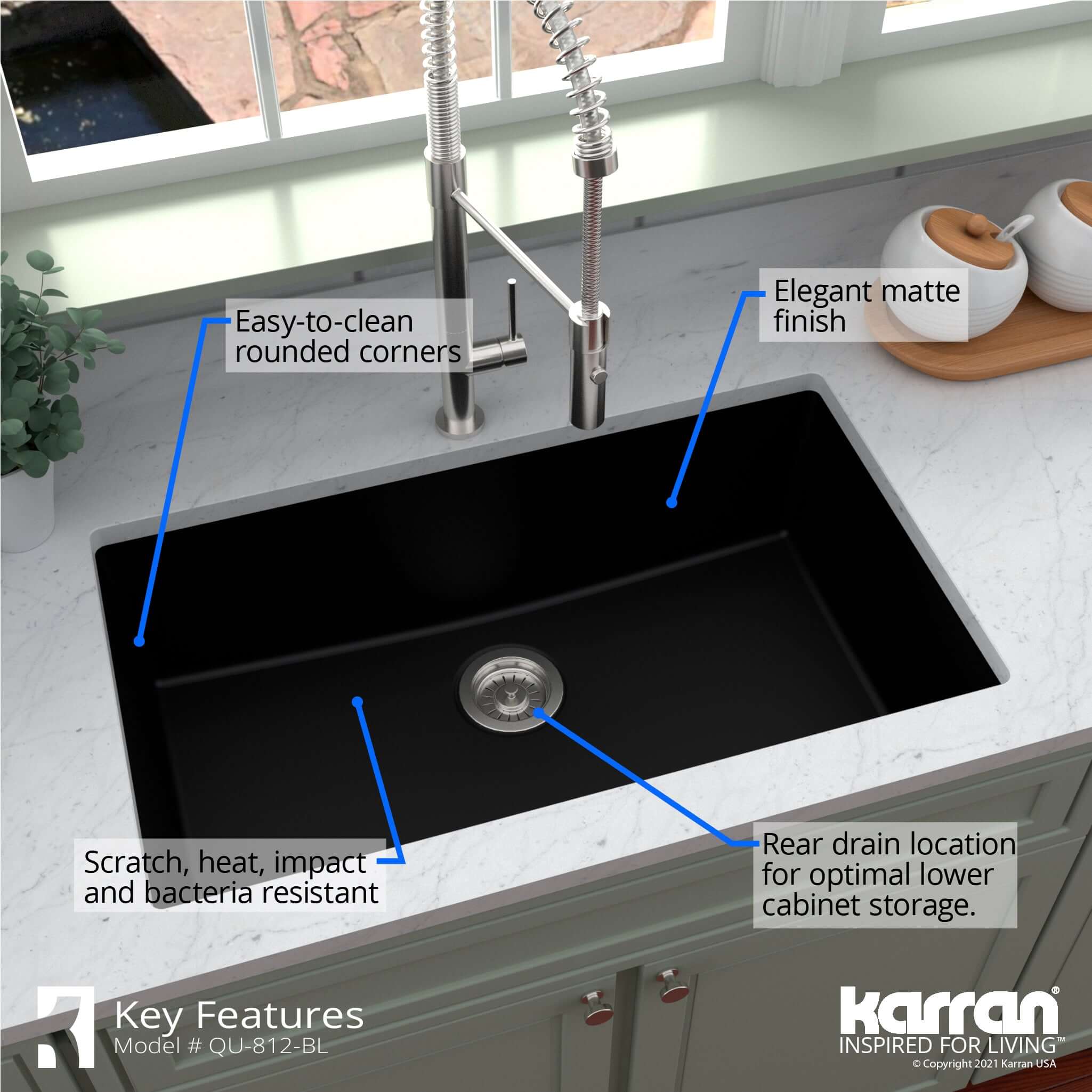Karran 32" Undermount Quartz Composite Kitchen Sink with Accessories, Black, QU-812-BL-PK1