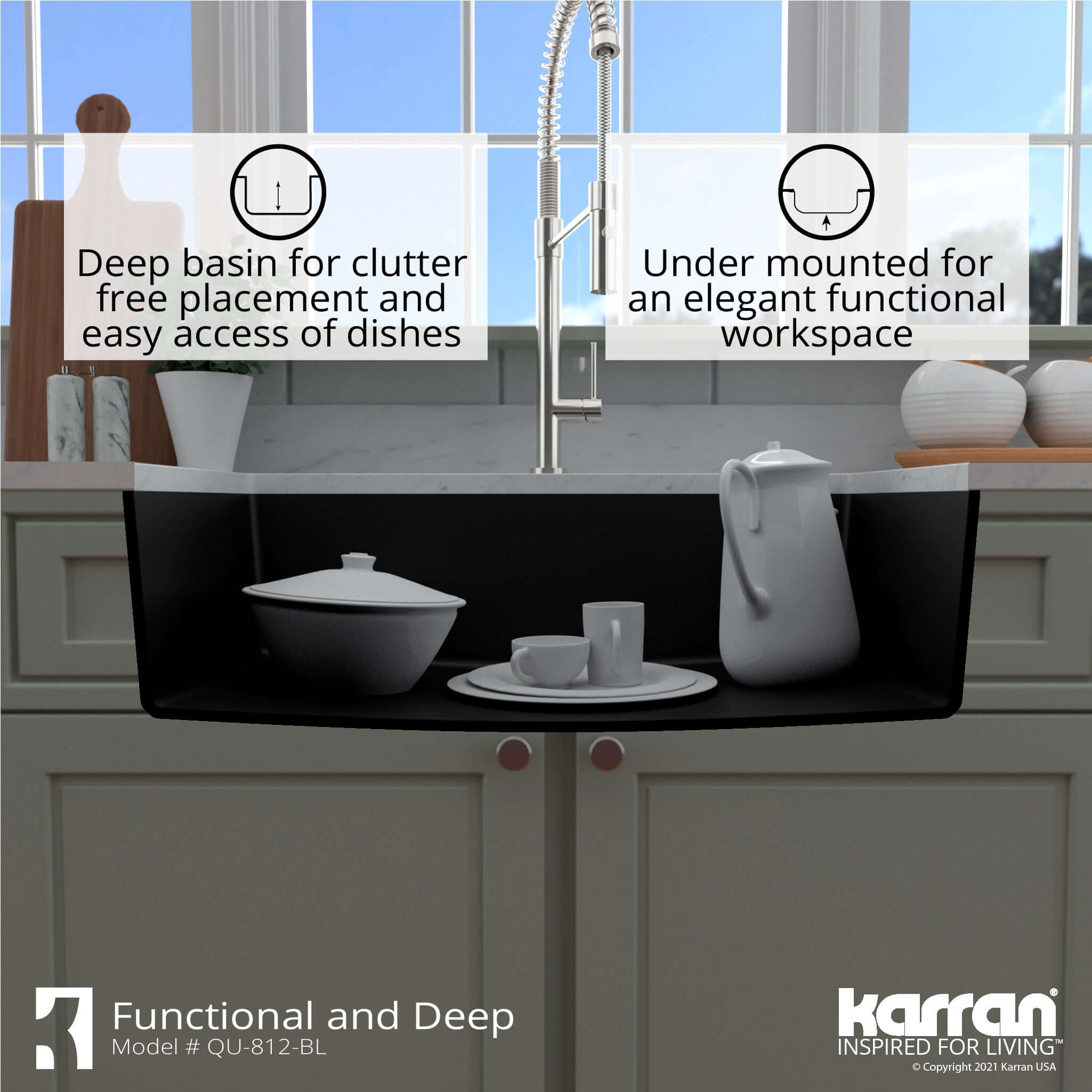 Karran 32" Undermount Quartz Composite Kitchen Sink with Accessories, Black, QU-812-BL-PK1