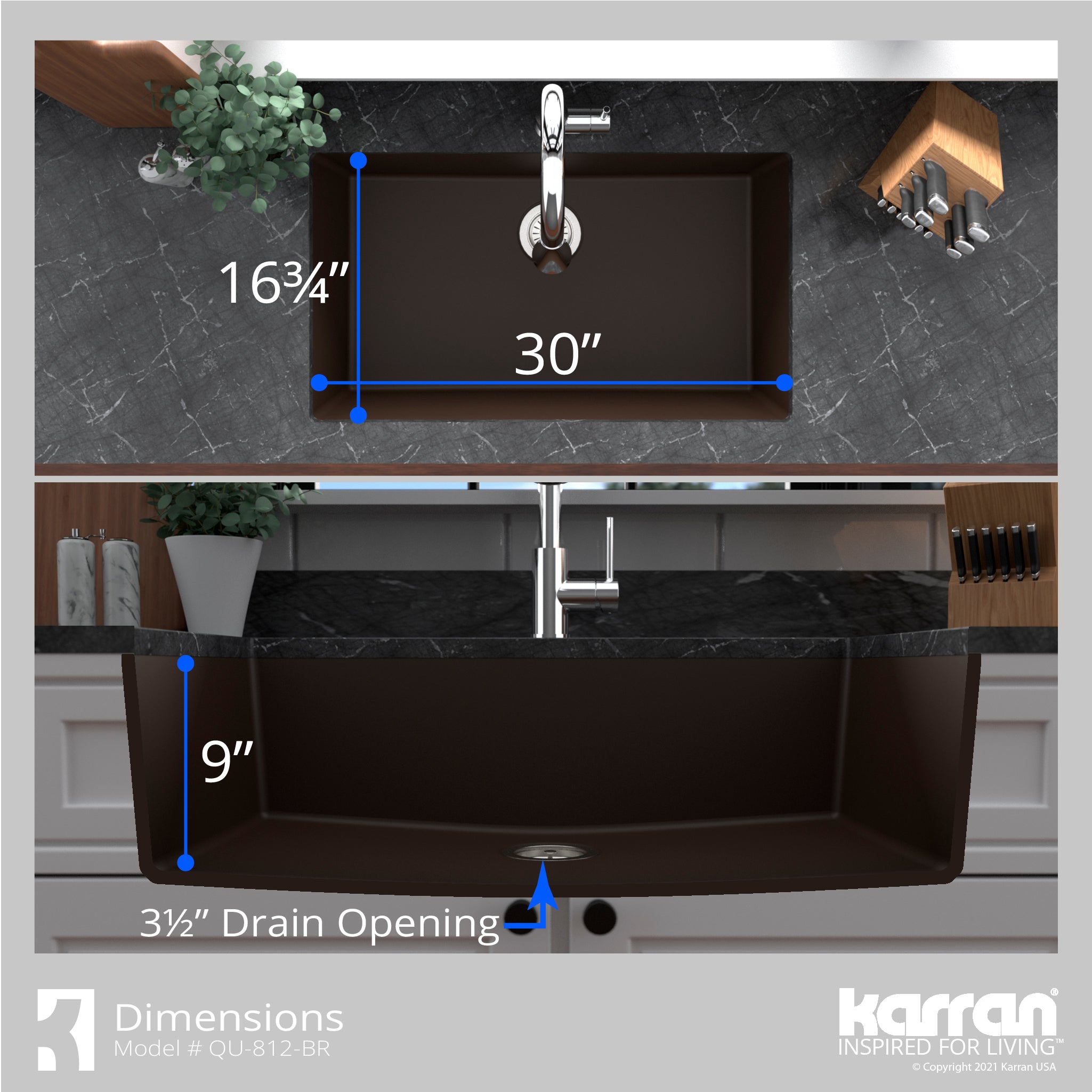 Karran 32" Undermount Quartz Composite Kitchen Sink with Accessories, Brown, QU-812-BR-PK1