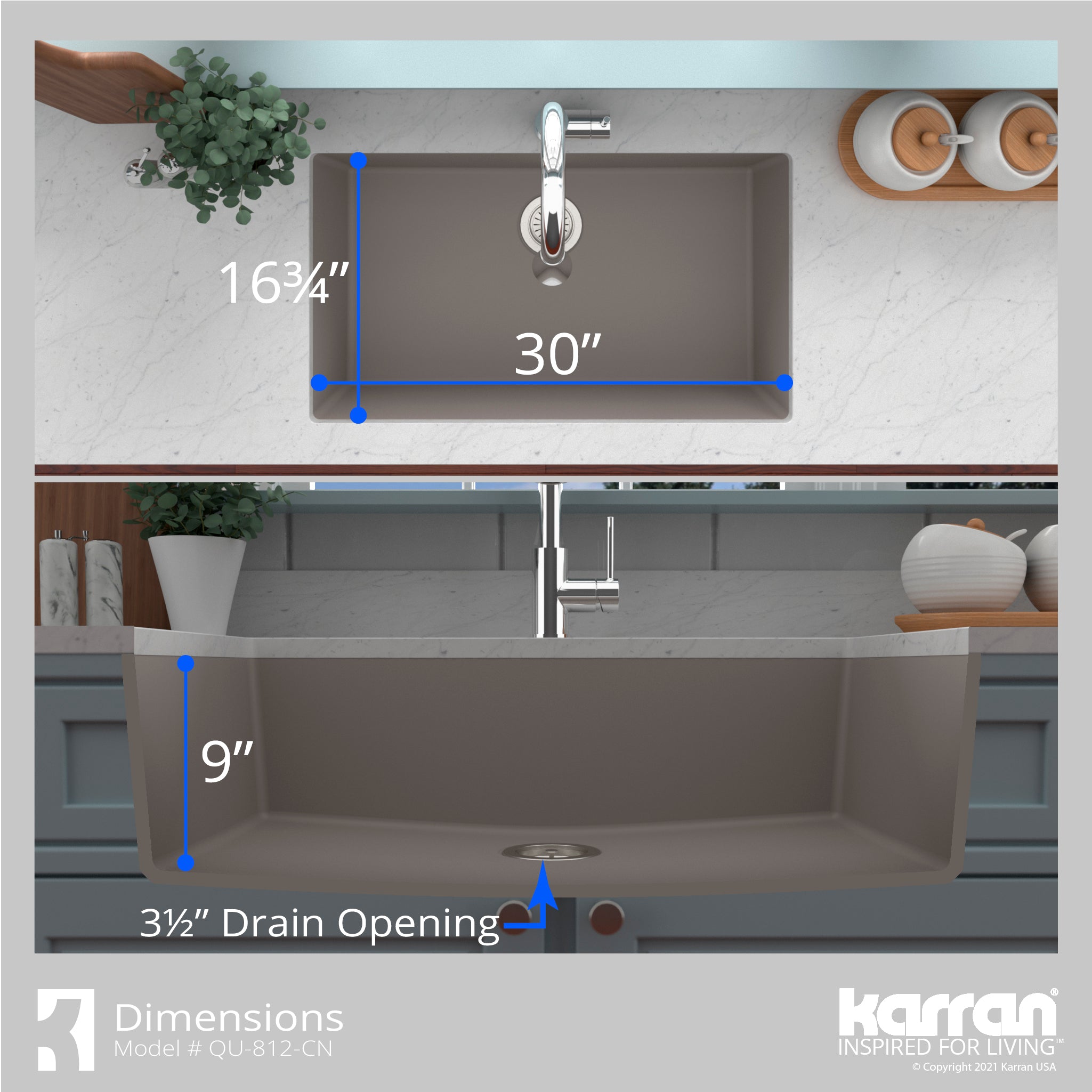 Karran 32" Undermount Quartz Composite Kitchen Sink with Accessories, Concrete, QU-812-CN-PK1