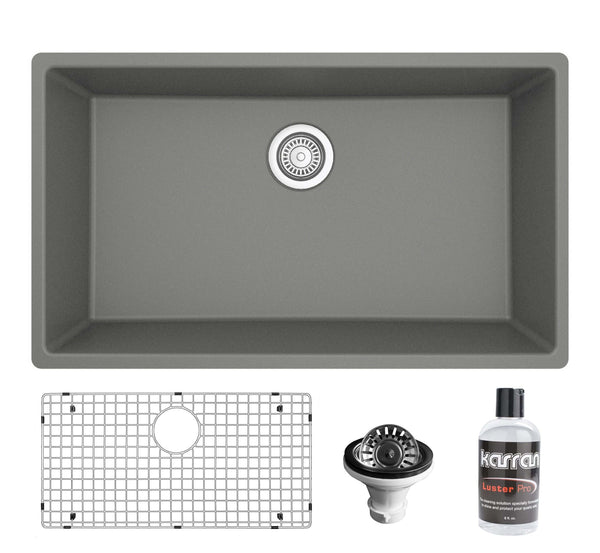 Karran 32" Undermount Quartz Composite Kitchen Sink with Accessories, Grey, QU-812-GR-PK1