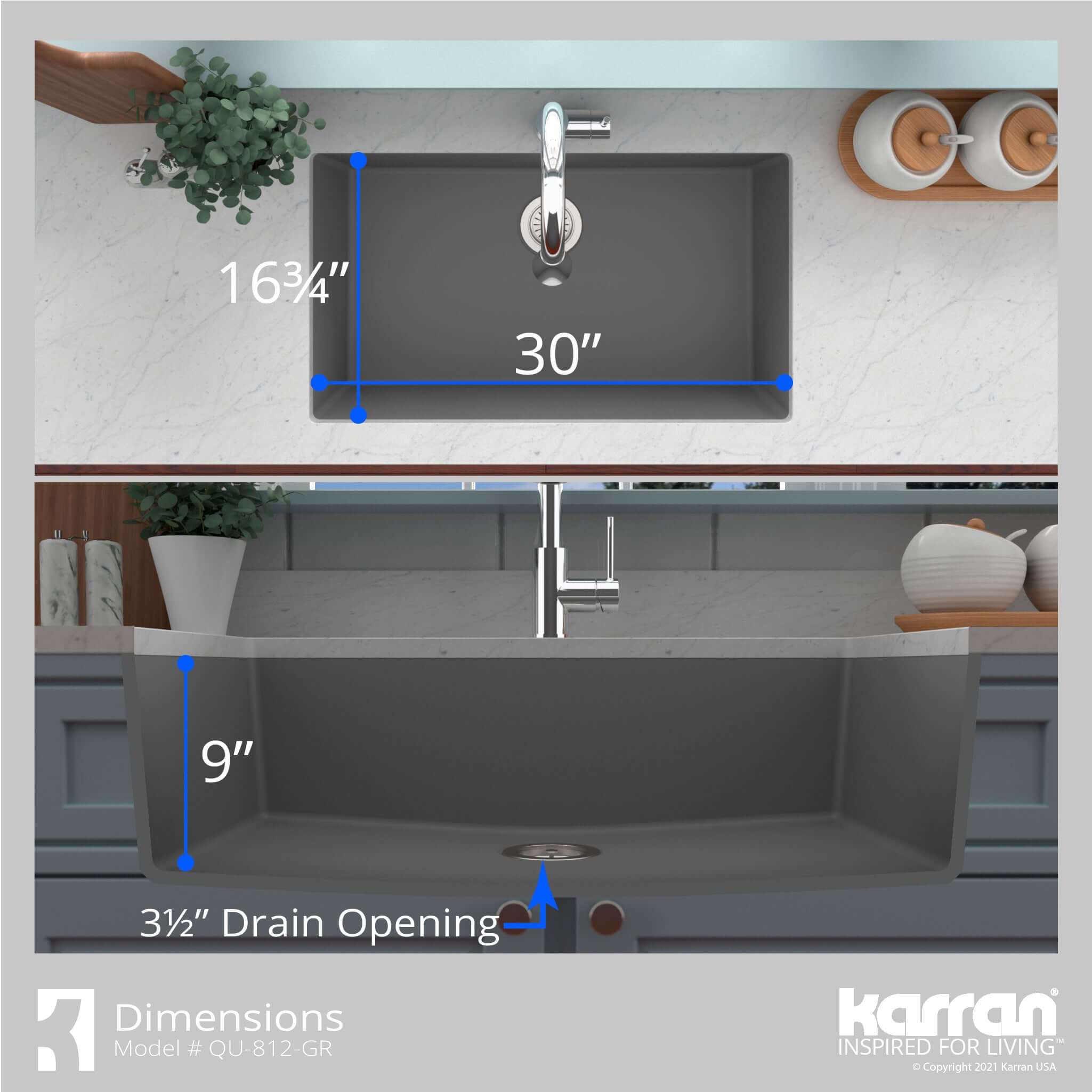Karran 32" Undermount Quartz Composite Kitchen Sink with Accessories, Grey, QU-812-GR-PK1