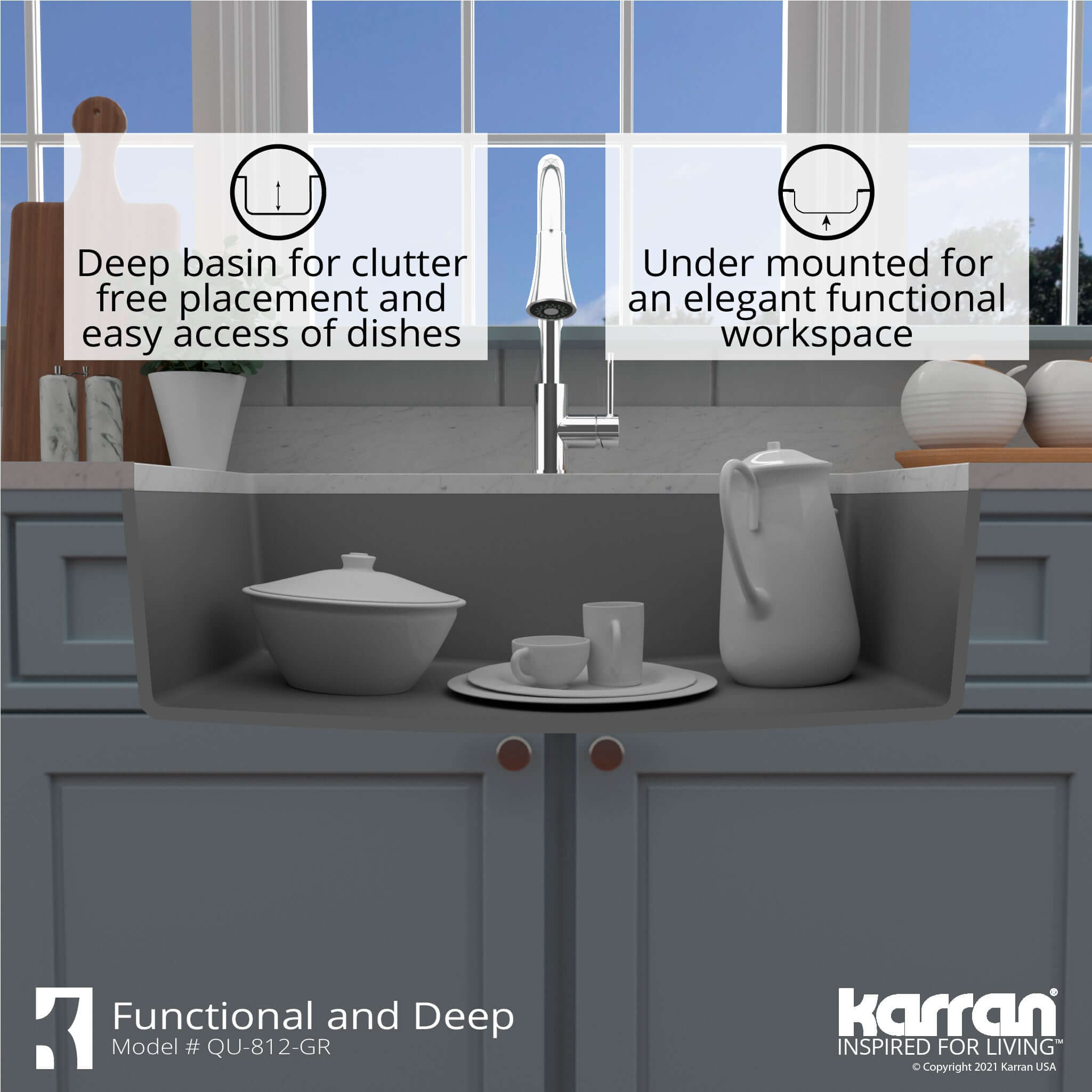 Karran 32" Undermount Quartz Composite Kitchen Sink with Accessories, Grey, QU-812-GR-PK1