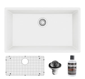 Alternate Image for Karran 32" Undermount Quartz Composite Kitchen Sink with Accessories, White, QU-812-WH-PK1