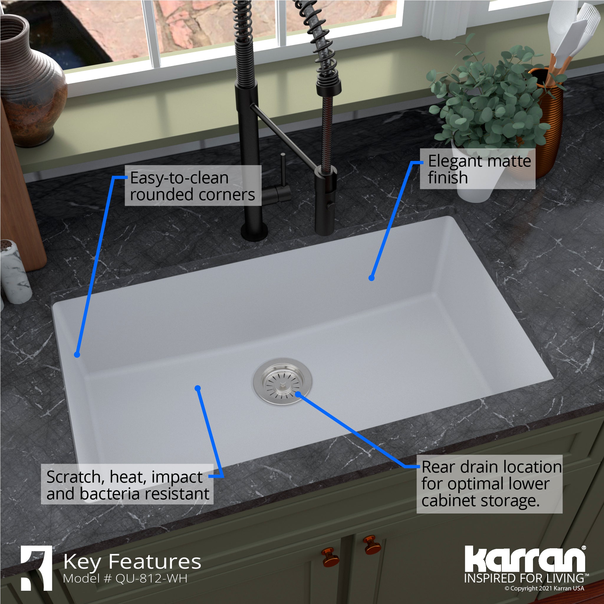 Karran 32" Undermount Quartz Composite Kitchen Sink with Accessories, White, QU-812-WH-PK1