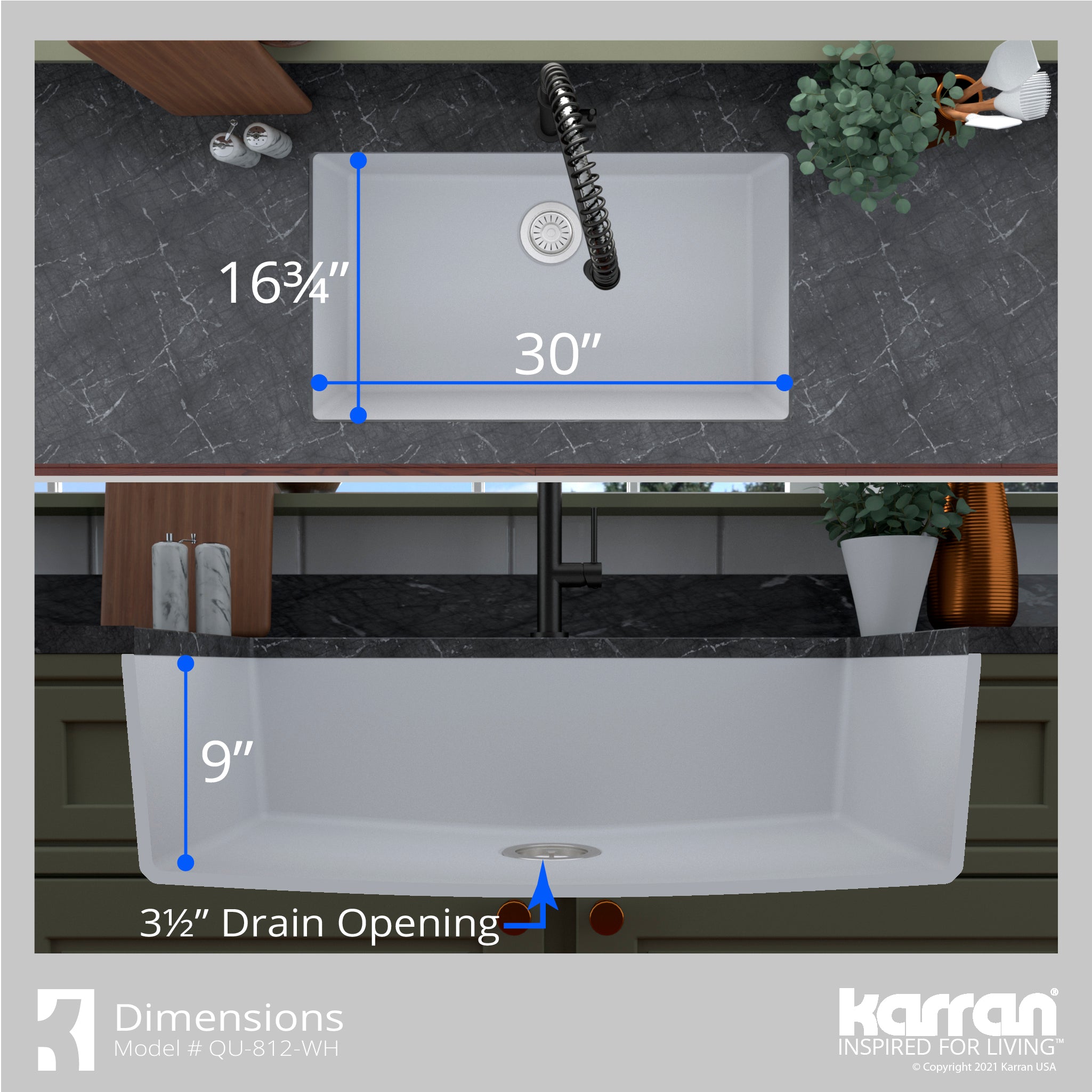 Karran 32" Undermount Quartz Composite Kitchen Sink with Accessories, White, QU-812-WH-PK1