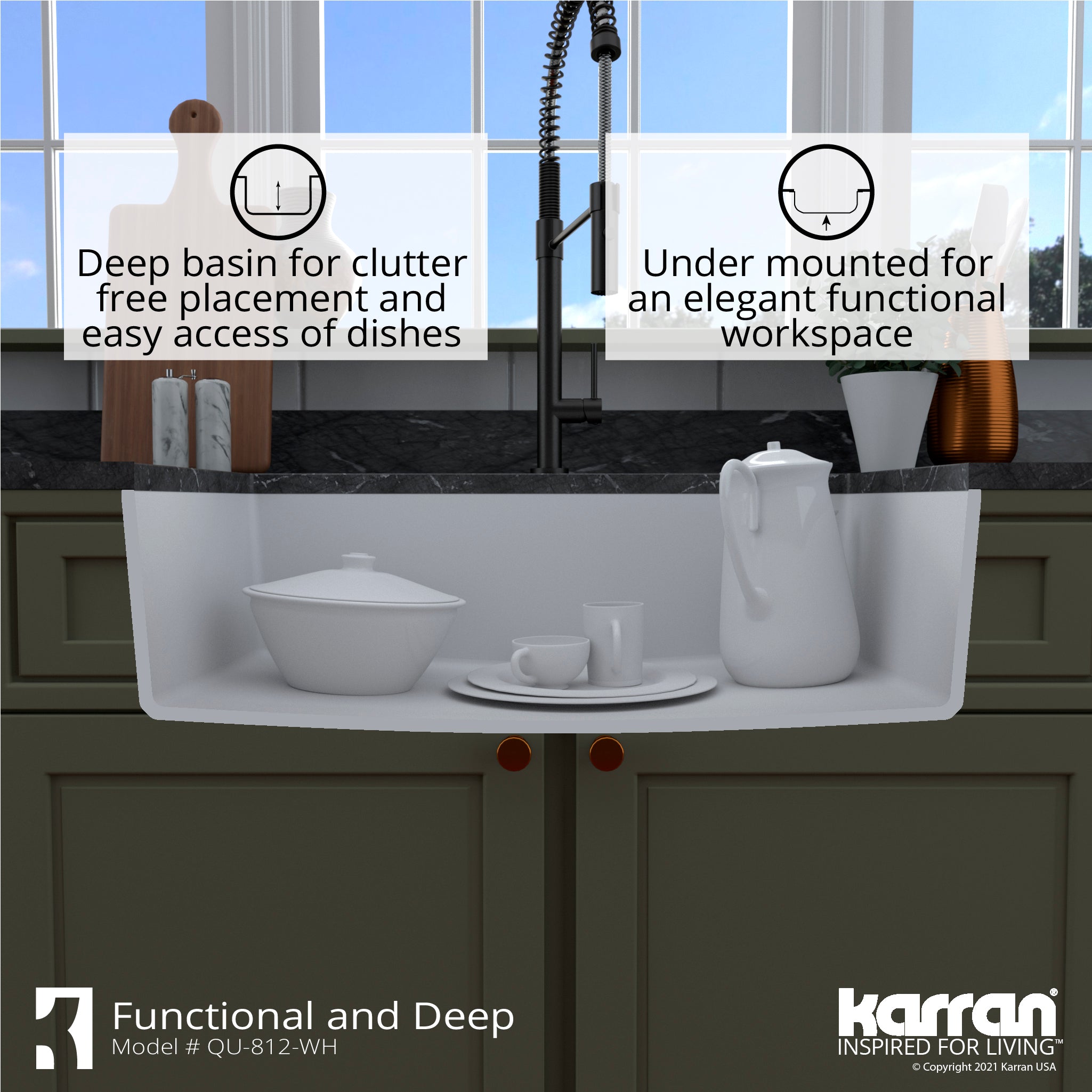 Karran 32" Undermount Quartz Composite Kitchen Sink with Accessories, White, QU-812-WH-PK1