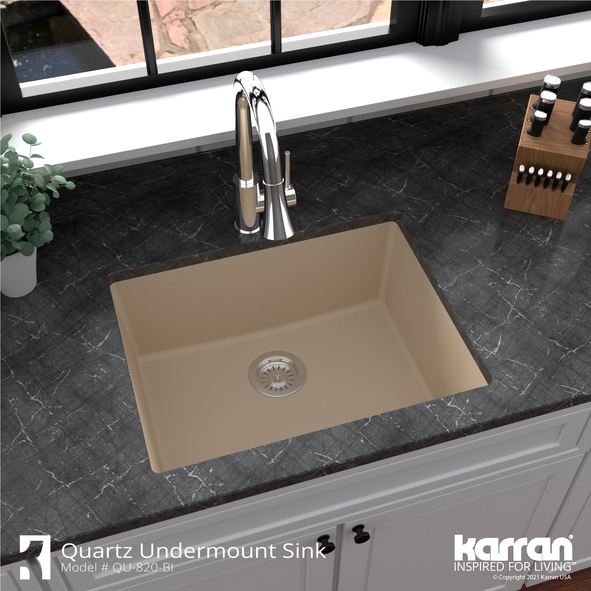 Karran 24" Undermount Quartz Composite Kitchen Sink, Bisque, QU-820-BI