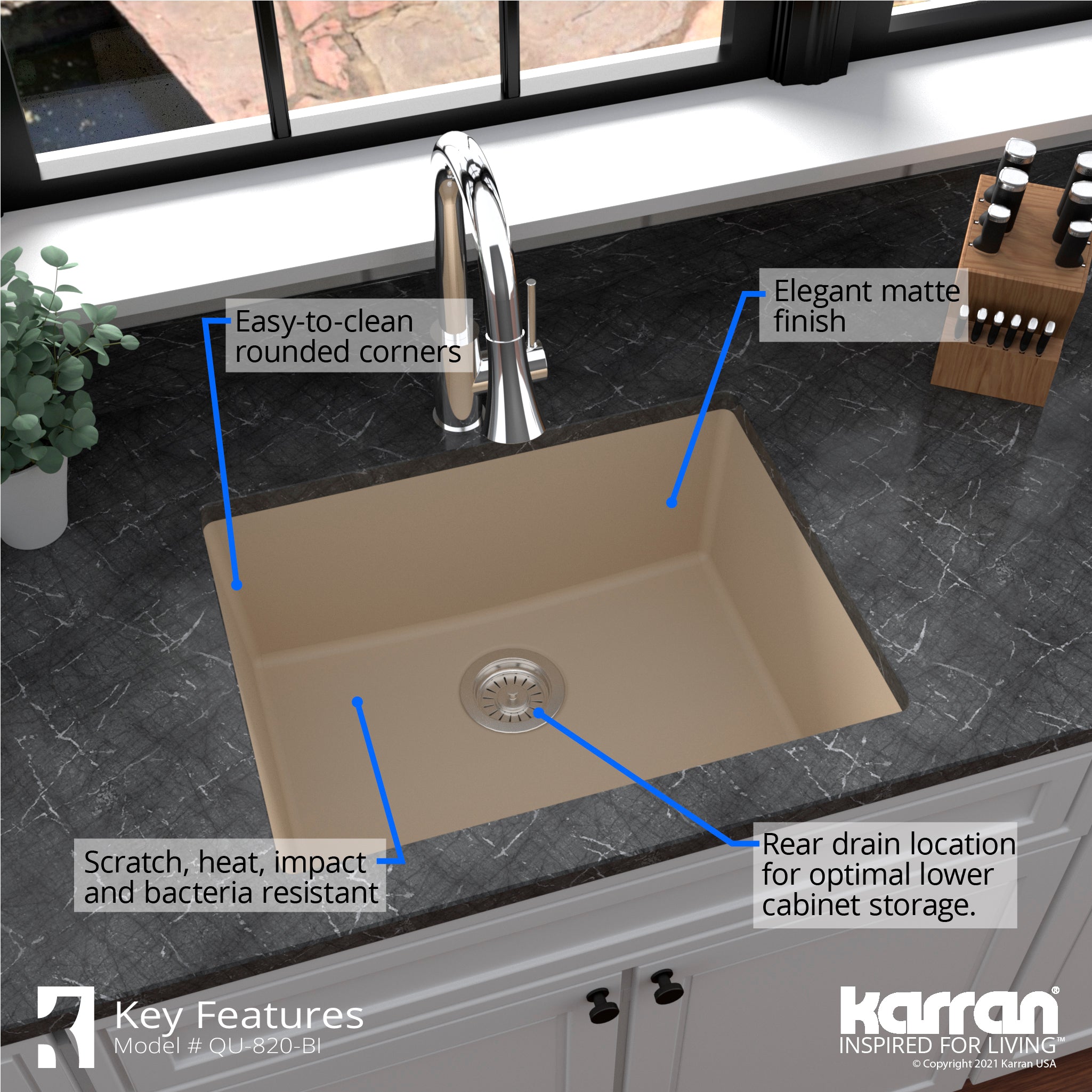 Karran 24" Undermount Quartz Composite Kitchen Sink, Bisque, QU-820-BI